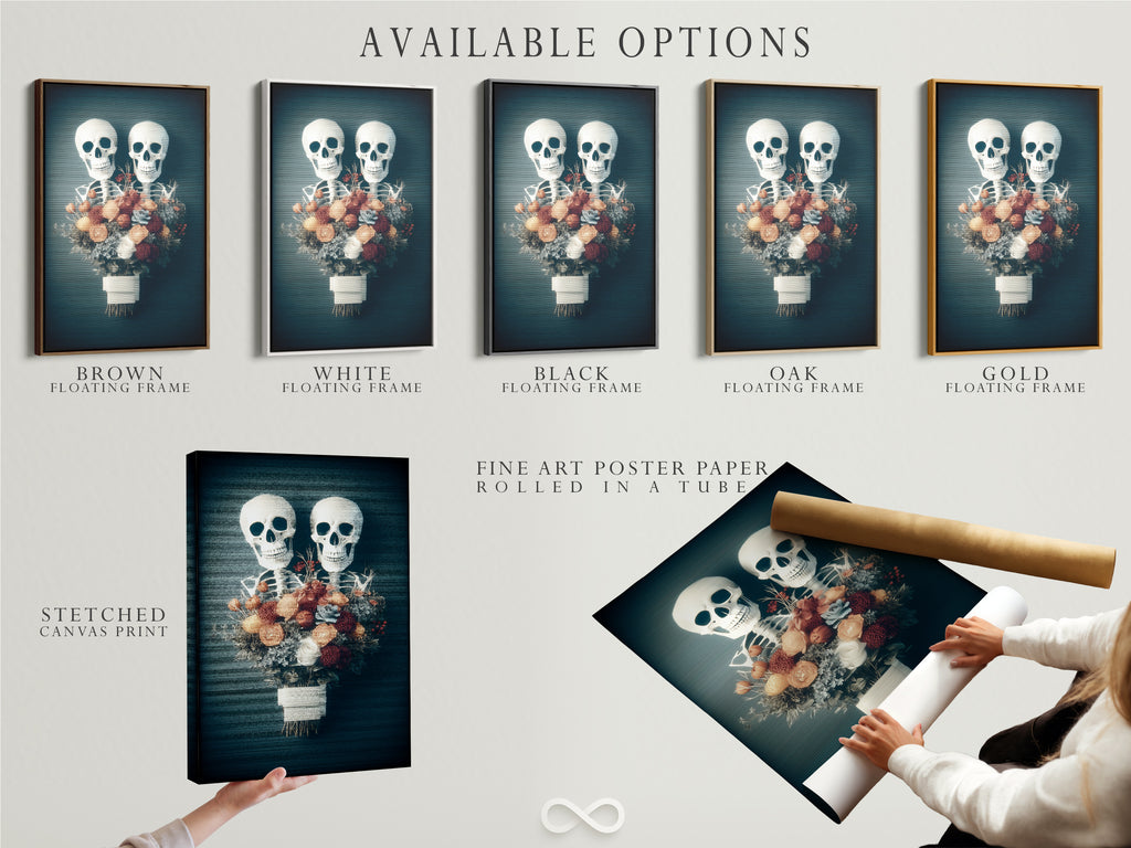 Available options for the floral skeleton artwork are displayed. Choose from stretched canvas print fine art poster paper or a floating frame. Each option enhances the gothic macabre artwork. Perfect for Halloween decor or adding a dark academia touch. Select the option that best fits your style and space.