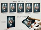 Available options for the floral skeleton artwork are displayed. Choose from stretched canvas print fine art poster paper or a floating frame. Each option enhances the gothic macabre artwork. Perfect for Halloween decor or adding a dark academia touch. Select the option that best fits your style and space.
