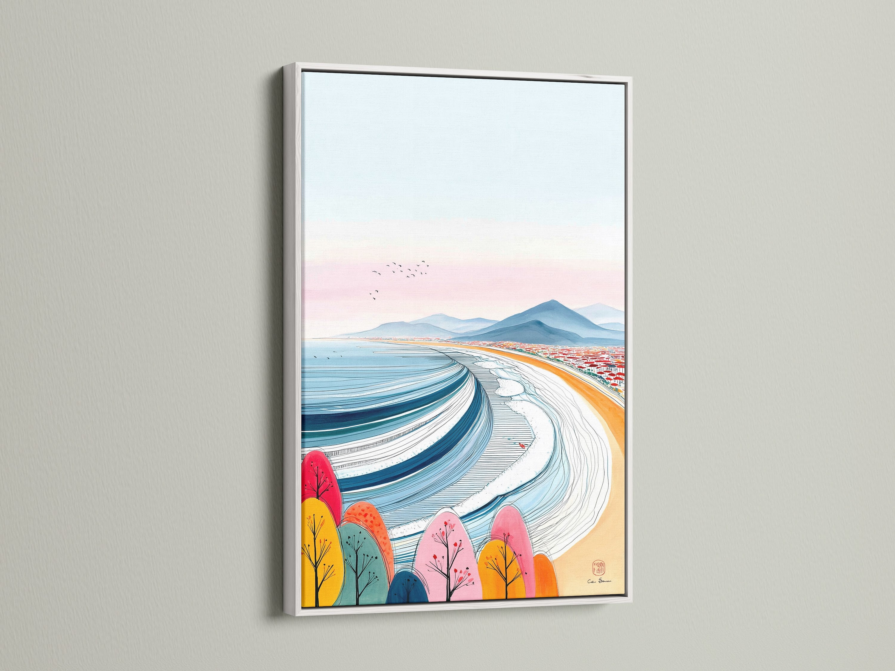 This coastal artwork is showcased in a white frame. The artwork brings a fresh beach vibe. It features colorful trees a calming seascape and modern art style. It will brighten any space with its vibrant colors.