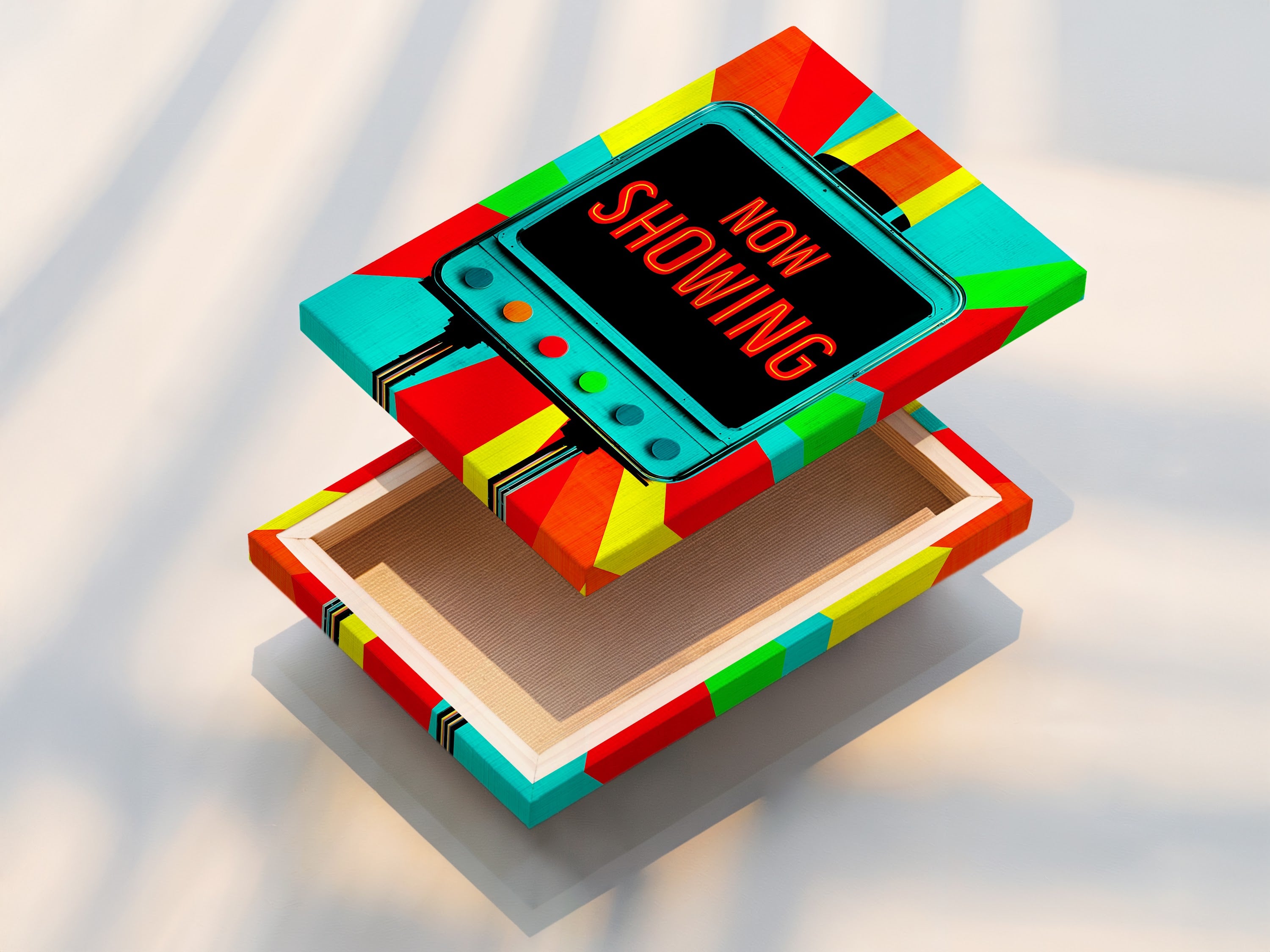 A stretched canvas print of a retro movie theater 'Now Showing' sign. This stretched canvas provides a gallery-worthy appearance. Add a vintage touch to your game room or home theater with this artwork.