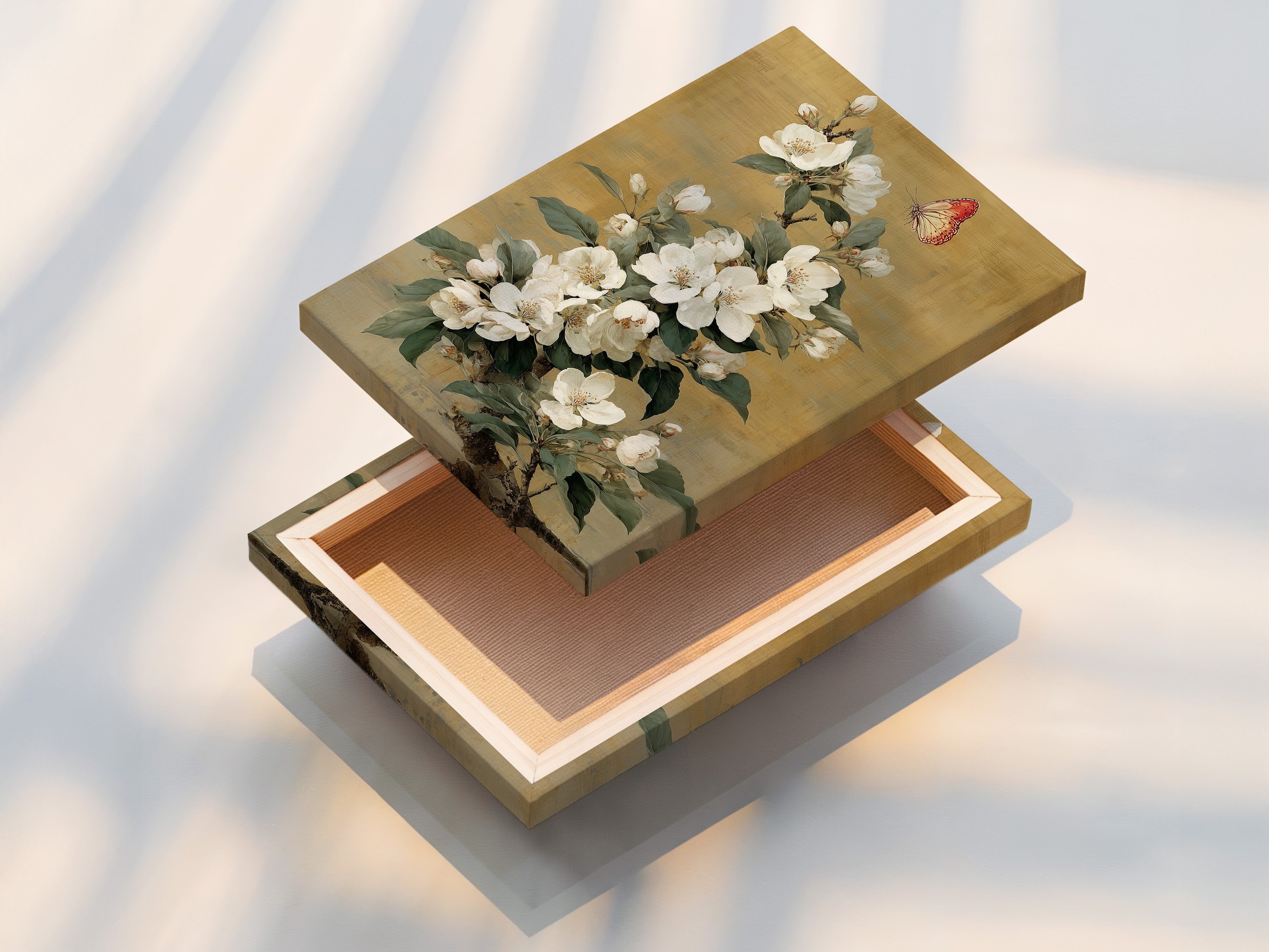 A beautifully stretched canvas print featuring vintage botanical artwork. The white flowers and butterfly provide a classic nature-inspired look. Ready to hang and perfect for adding a touch of elegance to any room. Shop now for vintage wall art.