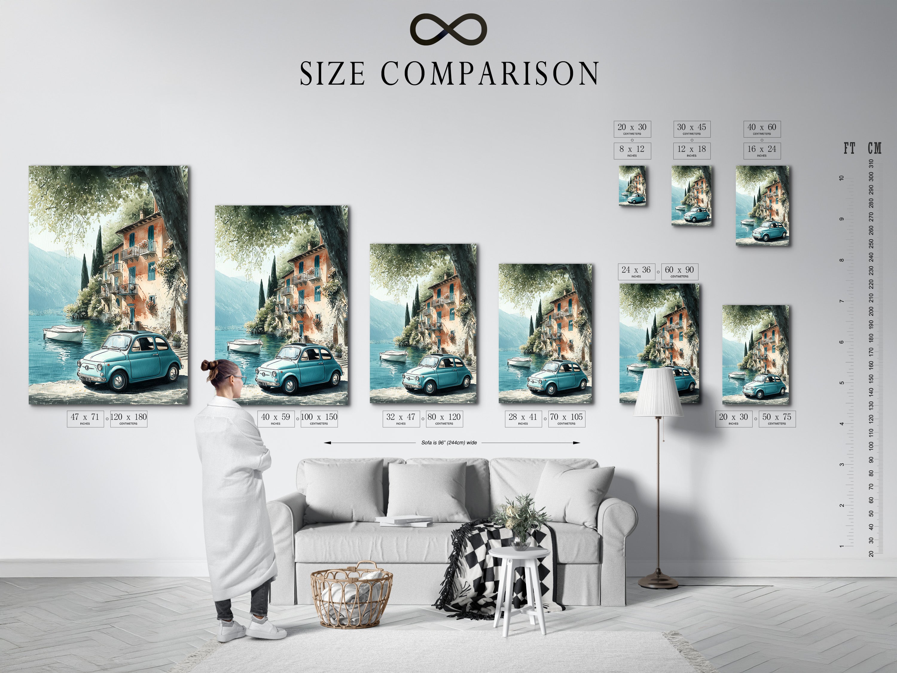 Stampa artistica vintage della costa italiana - Scena di lago mediterraneo, decorazione murale di auto d'epoca, poster di viaggio retrò, arte di un villaggio europeo