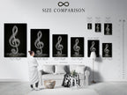 A size comparison chart shows the artwork in an interior setting. This helps visualize the artwork's scale. The treble clef print complements the room's decor. It is a perfect addition to any music-themed space. Choose the ideal size for your wall.