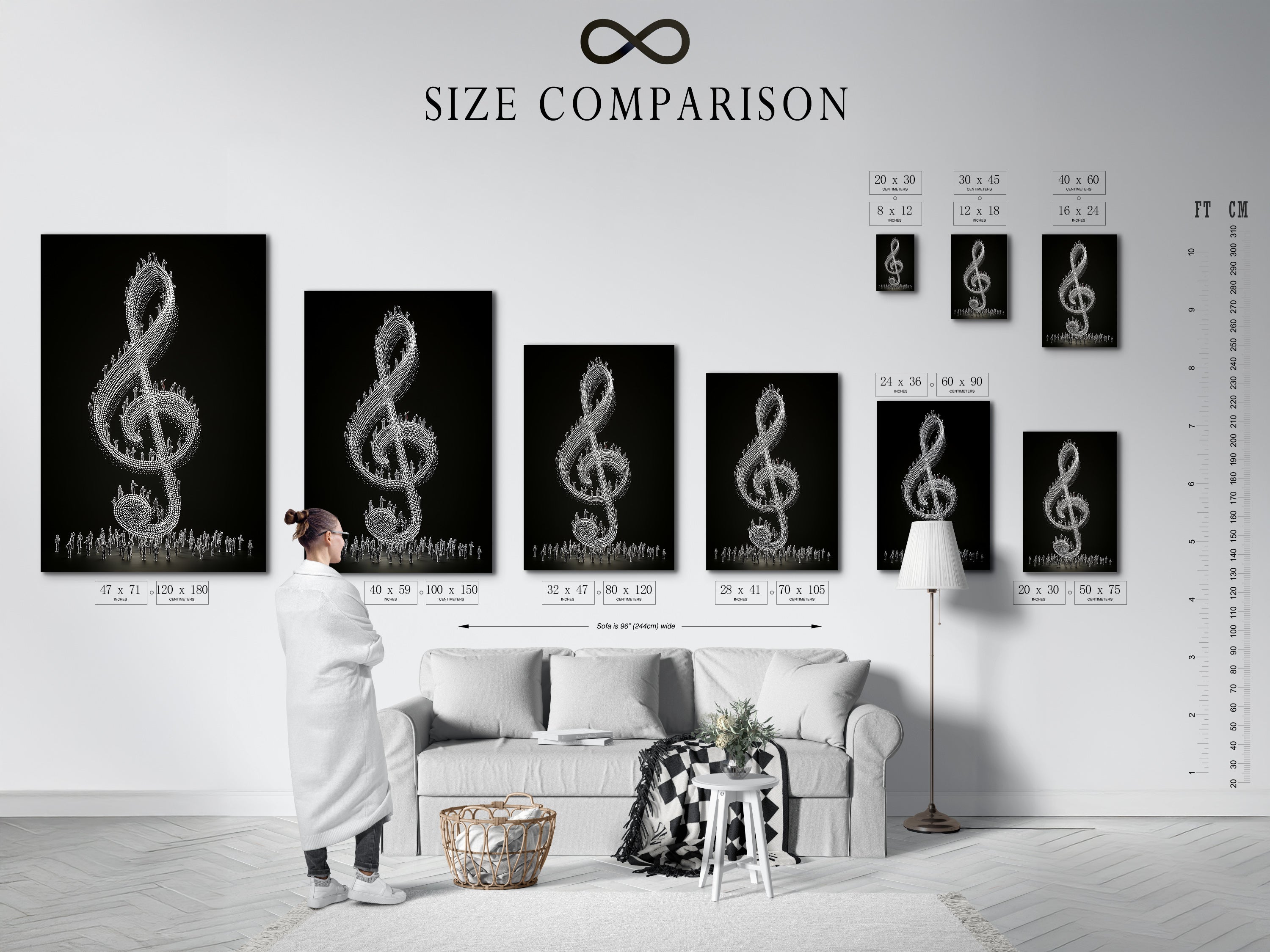 A size comparison chart shows the artwork in an interior setting. This helps visualize the artwork's scale. The treble clef print complements the room's decor. It is a perfect addition to any music-themed space. Choose the ideal size for your wall.