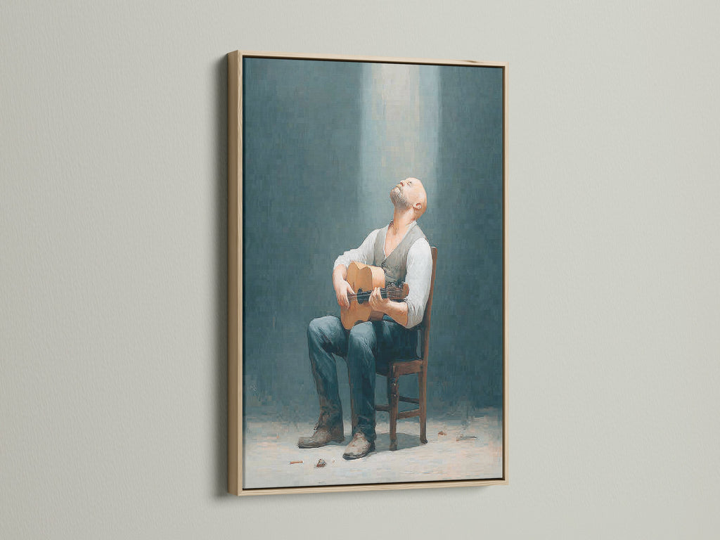 Rustic man with guitar art in an oak frame. This vintage wall art is ideal for music room decor. Find the perfect man with guitar artwork for your home or studio. Shop today