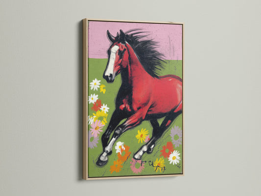 A stunning bay horse print is showcased in an oak frame. This artwork captures the essence of equestrian beauty. The horse gallops through a vibrant floral meadow. The oak frame enhances the rustic feel. Perfect for farmhouse or country-style decor. Ideal for horse lovers and art collectors.
