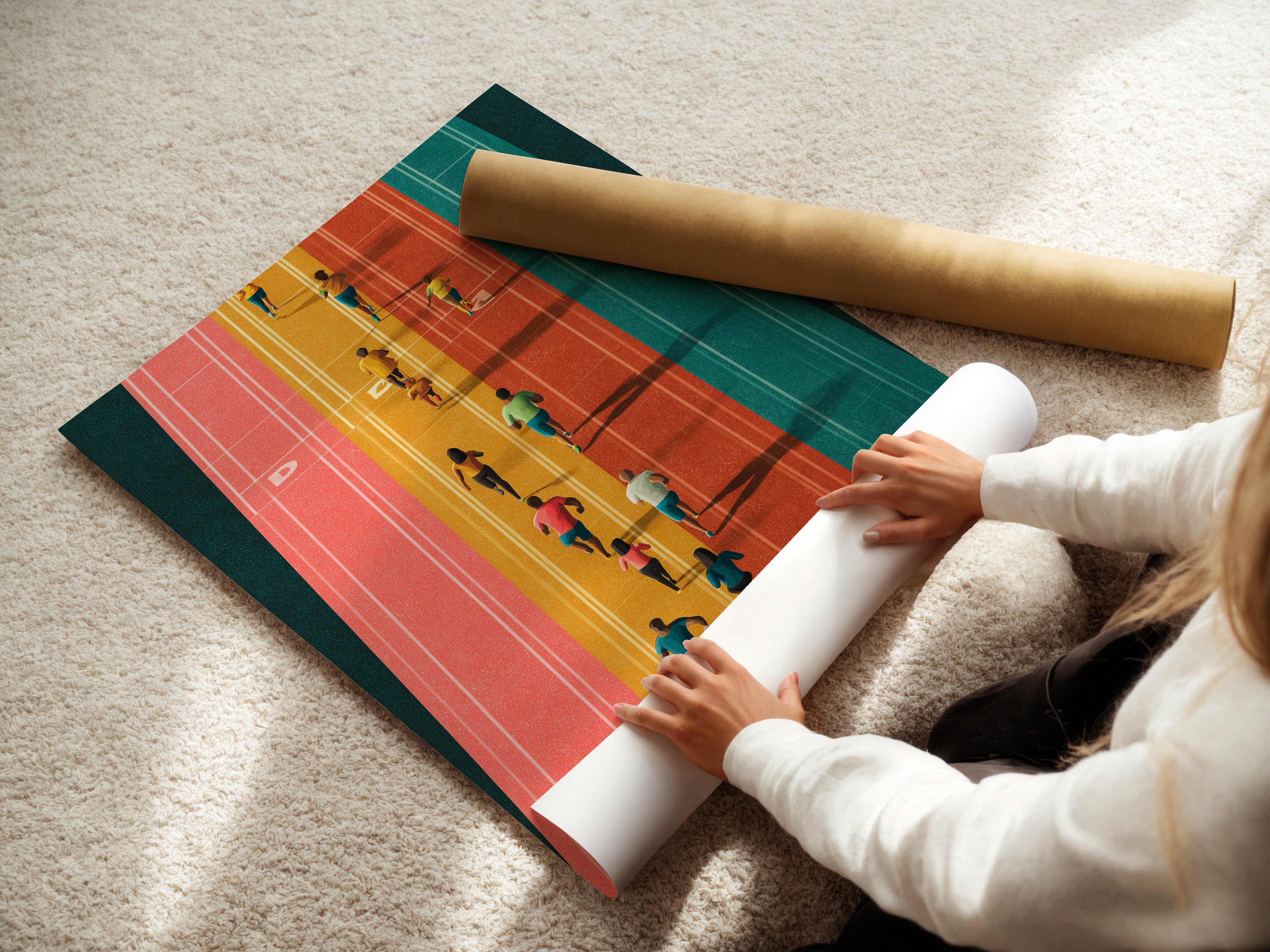 A woman carefully rolls a fine art poster paper print. Showcasing the running track artwork. This aerial sports wall art is great for fitness enthusiasts. A colorful print for home gym decor and more.
