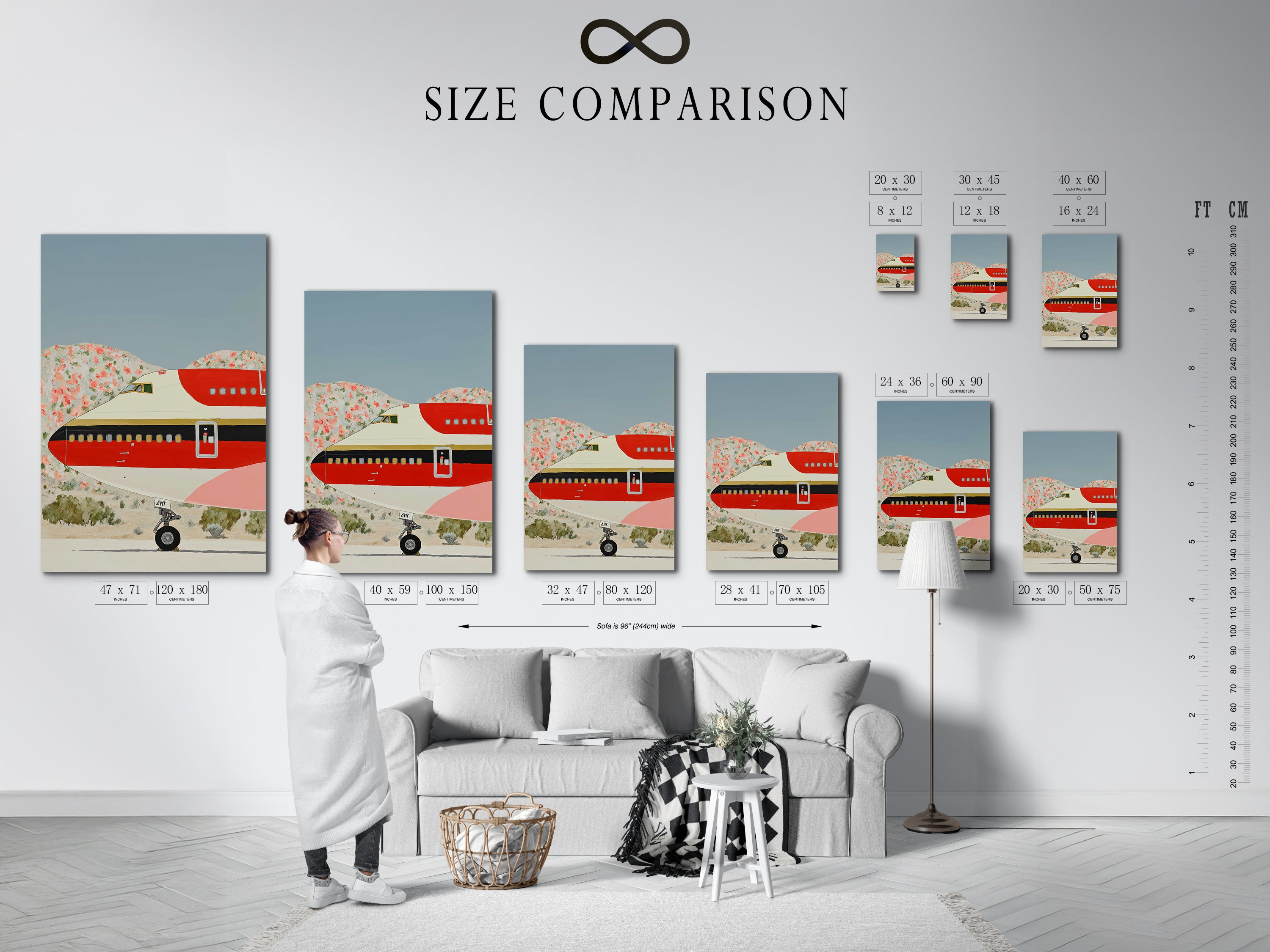 A size comparison chart is displayed in an interior setting. Vintage airplane art sizes are shown. Retro aviation art dimensions are clear. This mid century print guide helps with selection. Find the perfect airplane wall art size.