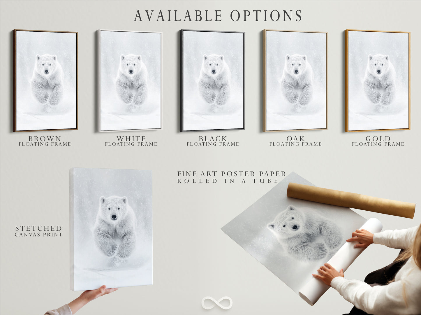 Explore available options for your polar bear art print including stretched canvas fine art poster paper and floating frame. Customize your arctic wildlife art to match your personal style and home decor preferences. Discover minimalist wall art.