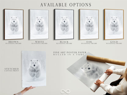 Explore available options for your polar bear art print including stretched canvas fine art poster paper and floating frame. Customize your arctic wildlife art to match your personal style and home decor preferences. Discover minimalist wall art.
