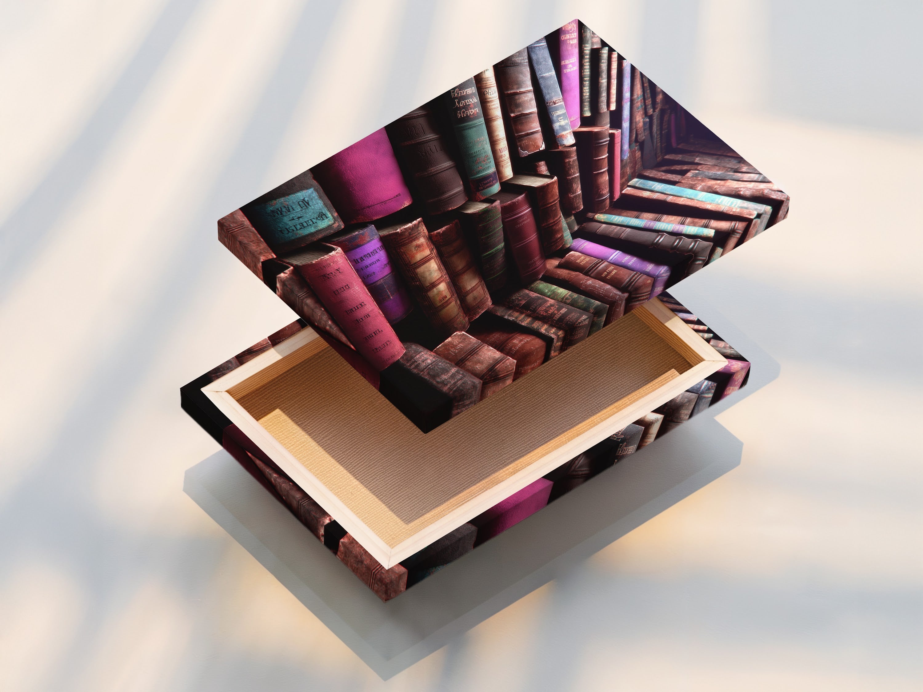 A stretched canvas print of vintage books. This is a perfect piece of stacked book wall art. The canvas texture enhances the artwork's colors. This is ideal for a study room or library. Perfect for creating a cozy reading nook with this bookish print.