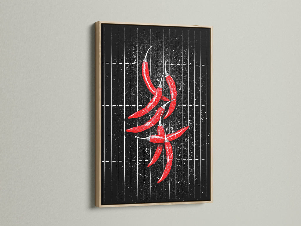 This is an oak frame showcasing a red chili pepper artwork print. The art is perfect for dining rooms. The oak frame adds a touch of natural elegance. Ideal for modern minimalist spaces. Its a great gift for chefs.