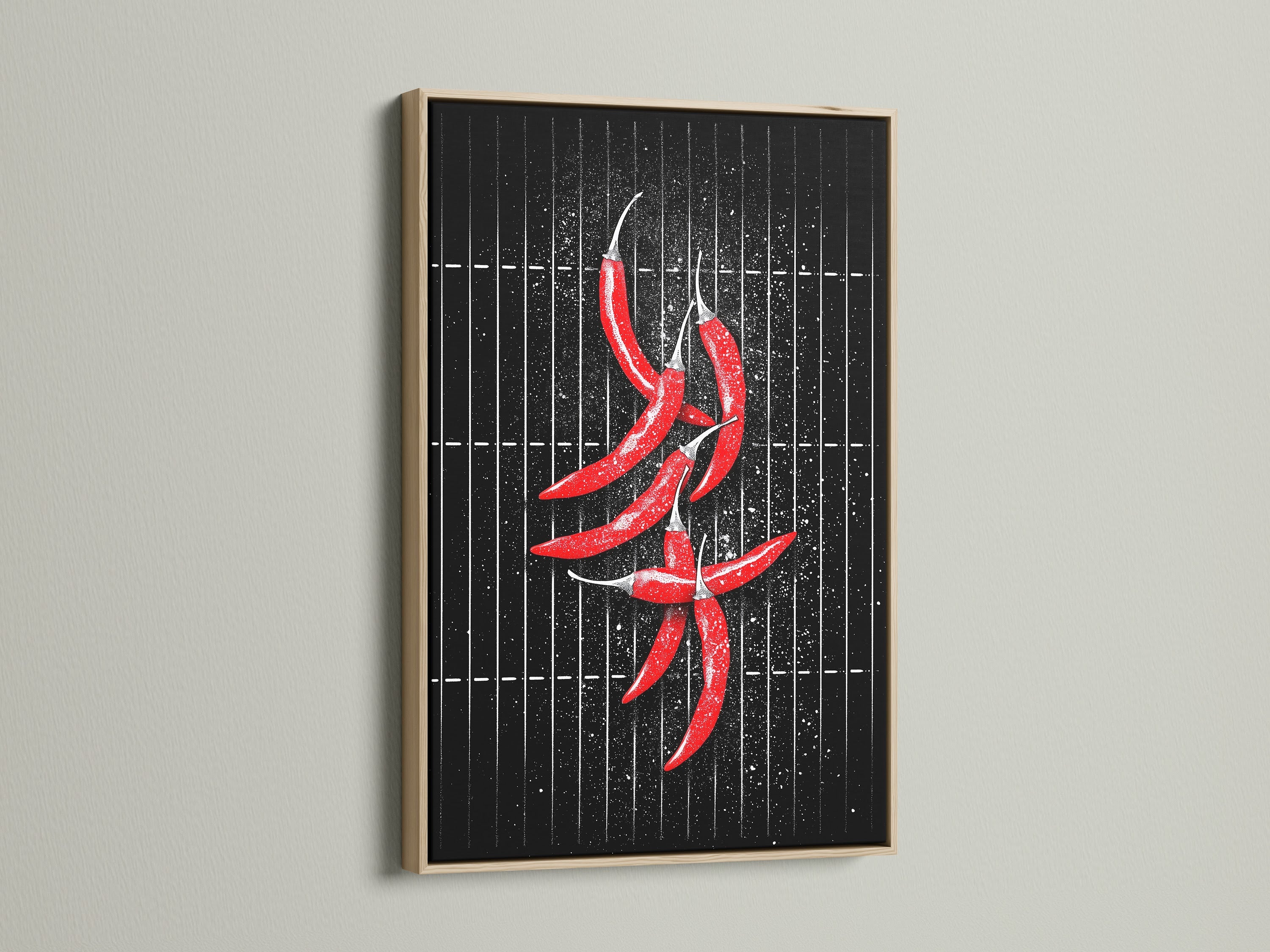 This is an oak frame showcasing a red chili pepper artwork print. The art is perfect for dining rooms. The oak frame adds a touch of natural elegance. Ideal for modern minimalist spaces. Its a great gift for chefs.