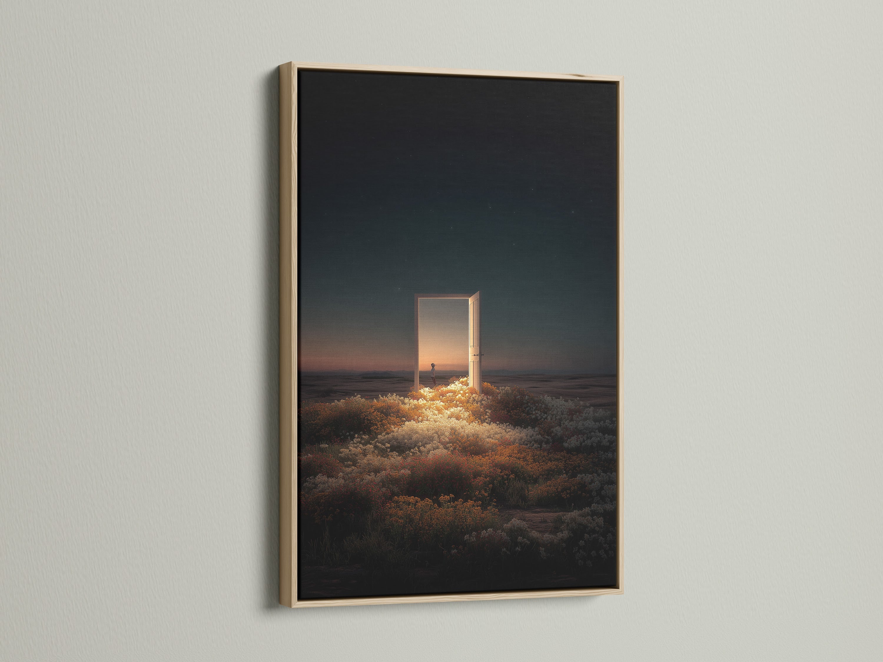 Oak Frame with artwork featuring a door in a field. The art has an ethereal glow. This beautiful framed art piece would look great in any room. The frame complements the artwork.