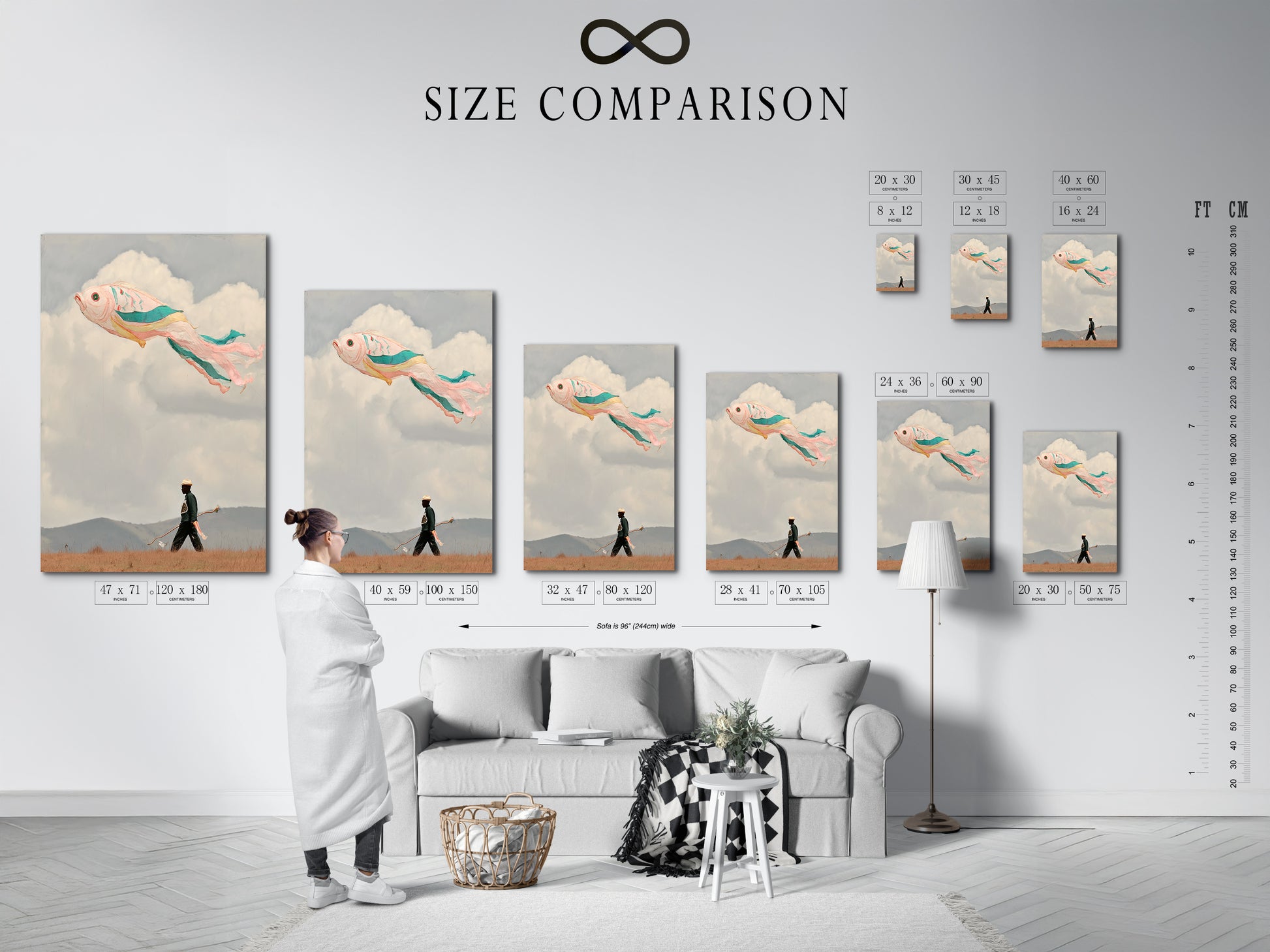 A size comparison chart is shown in an interior setting. This helps visualize how the surreal flying fish artwork will look in different spaces. The artwork's whimsical and dreamlike quality is highlighted. The chart aids in selecting the perfect size for your wall decor. It enhances the overall aesthetic of the room.