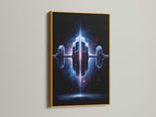 The Cosmic Dumbbell art shines in a gold frame. This cosmic wall art adds an element of style. The galaxy home decor is an ideal piece. This workout canvas art is perfect for gym owners and personal trainers.