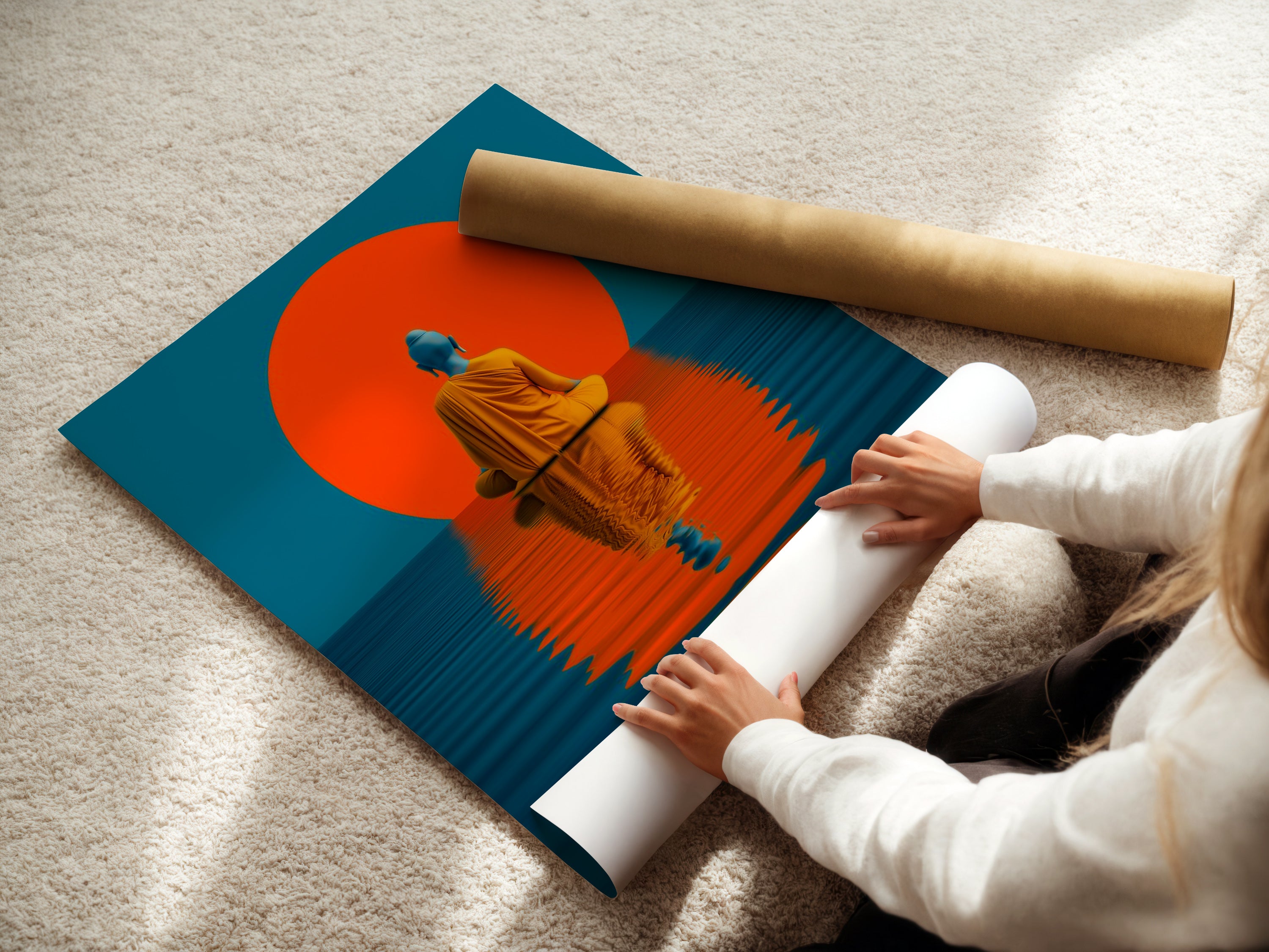 A woman is carefully rolling a fine art poster paper. The poster features the teal and orange Buddha artwork. This spiritual decor is perfect for modern homes and yoga studios. The serene art brings a sense of mindfulness. It is a great gift for meditation enthusiasts.