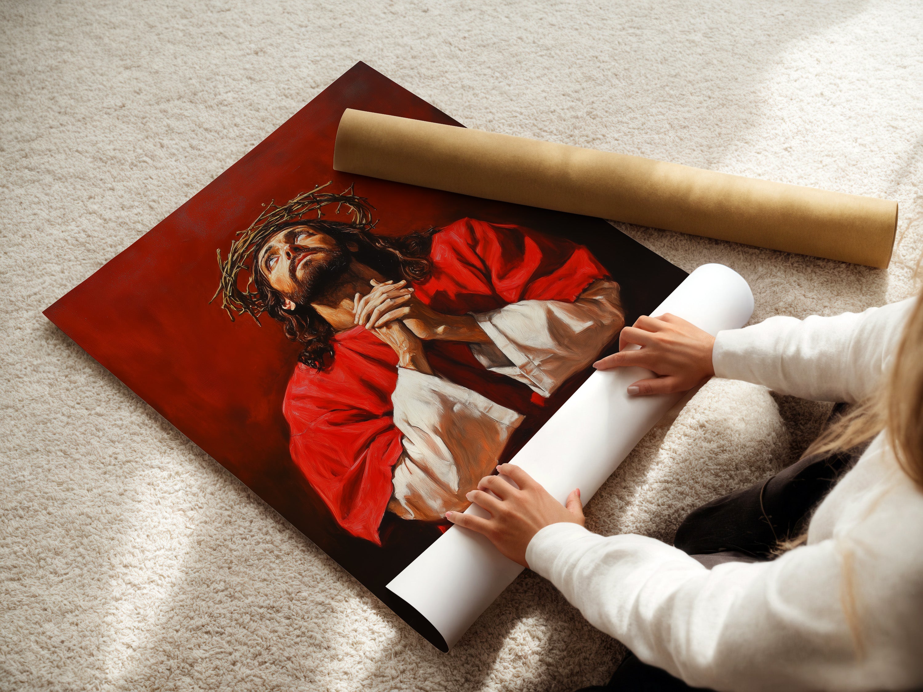 A woman rolls fine art poster paper. The paper is high-quality. Ready for printing beautiful artwork. Ensure your artwork is printed with the best materials. Learn about our fine art poster paper.