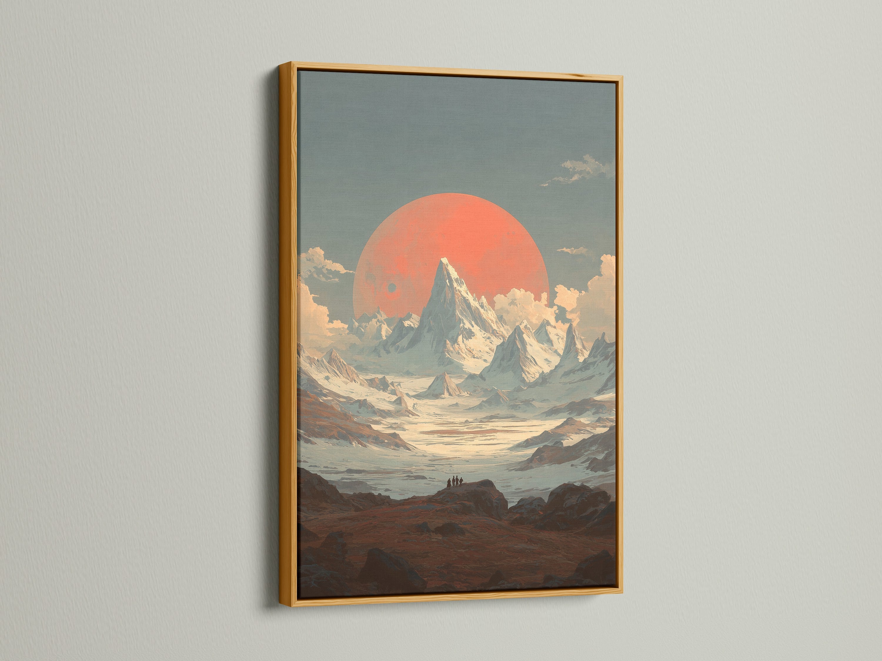 The mountain sunset artwork stands out in a gold frame. The artwork showcases a vintage alpine landscape wall art. The gold frame adds a touch of elegance to the coral sun print. It's perfect for adding a luxurious feel to your home decor. A stunning piece of art.