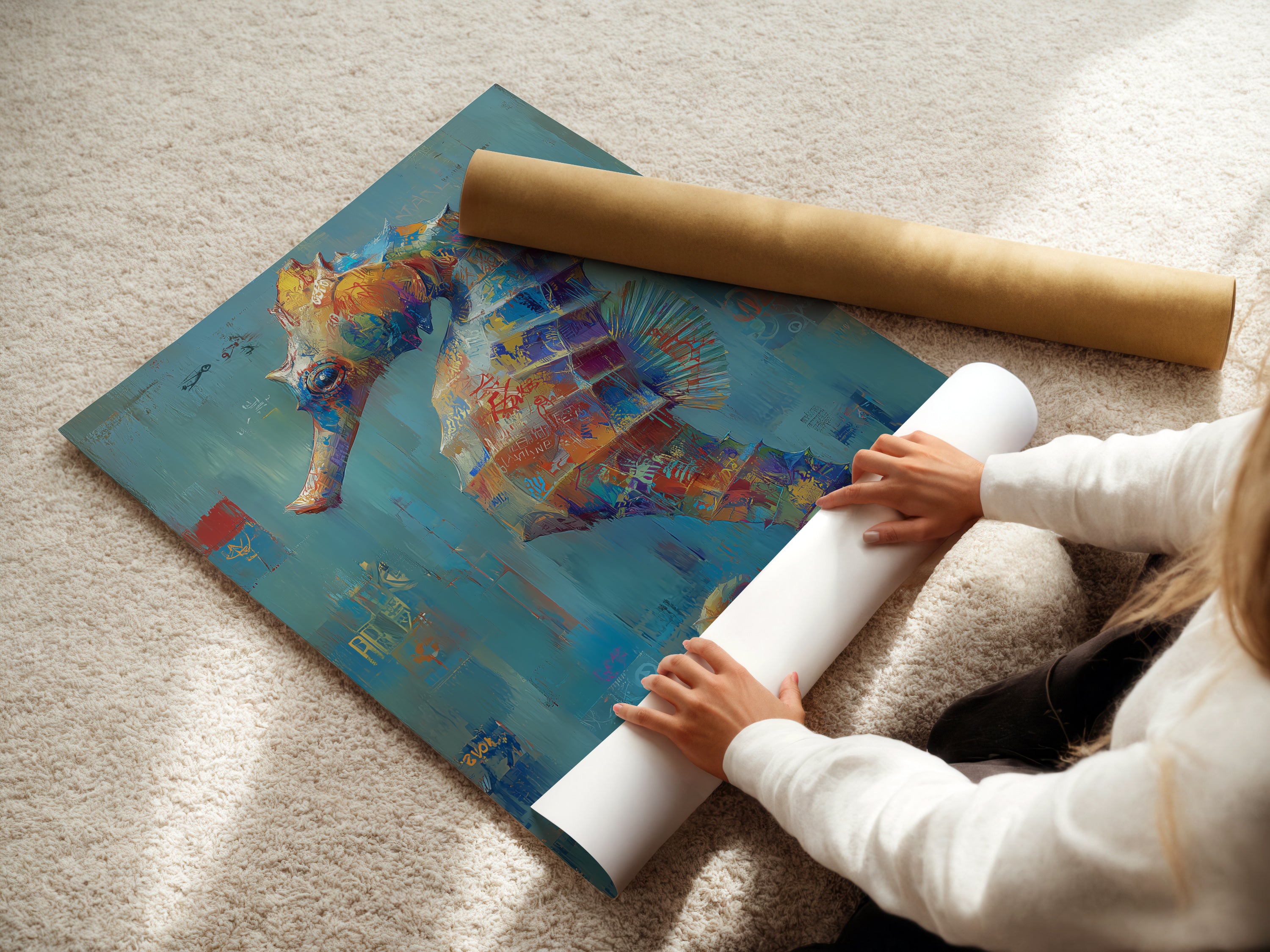 A woman is carefully rolling a fine art poster paper featuring a seahorse. This abstract sea art is perfect for nautical decor. Consider this ocean animal art for your beach house. Aqua wall art is a great option.
