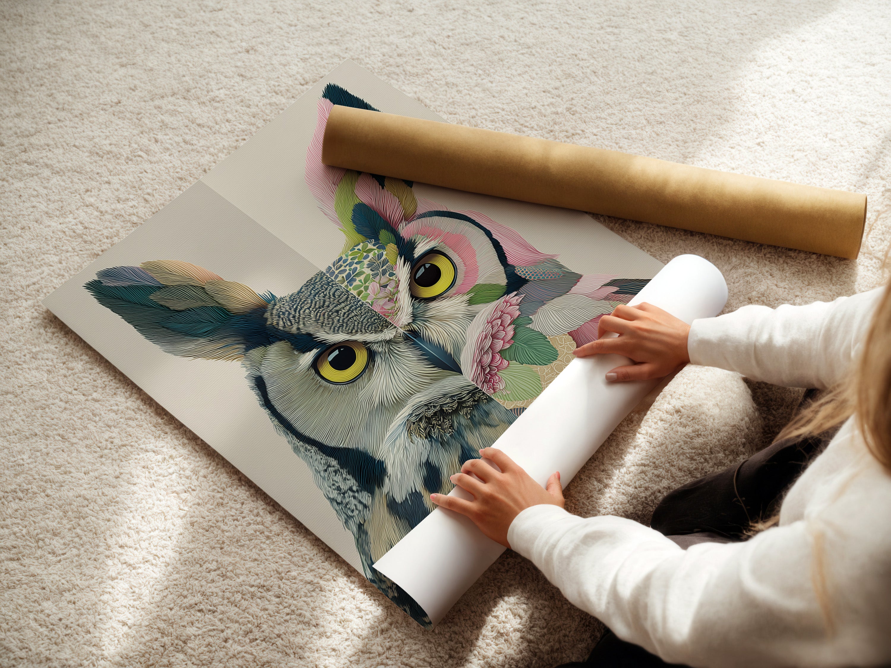 A woman is carefully rolling a fine art poster paper print. The colorful owl artwork is printed on high-quality paper. Perfect for framing or displaying as is. This bird art is a great addition.