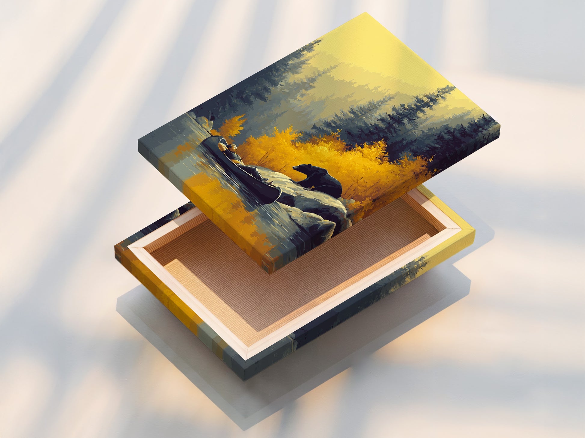 A stretched canvas print showcases a beautiful artwork. It features a bear and canoe in a forest setting. This ready-to-hang piece brings serene nature into your living space. It captures the essence of fall colors.