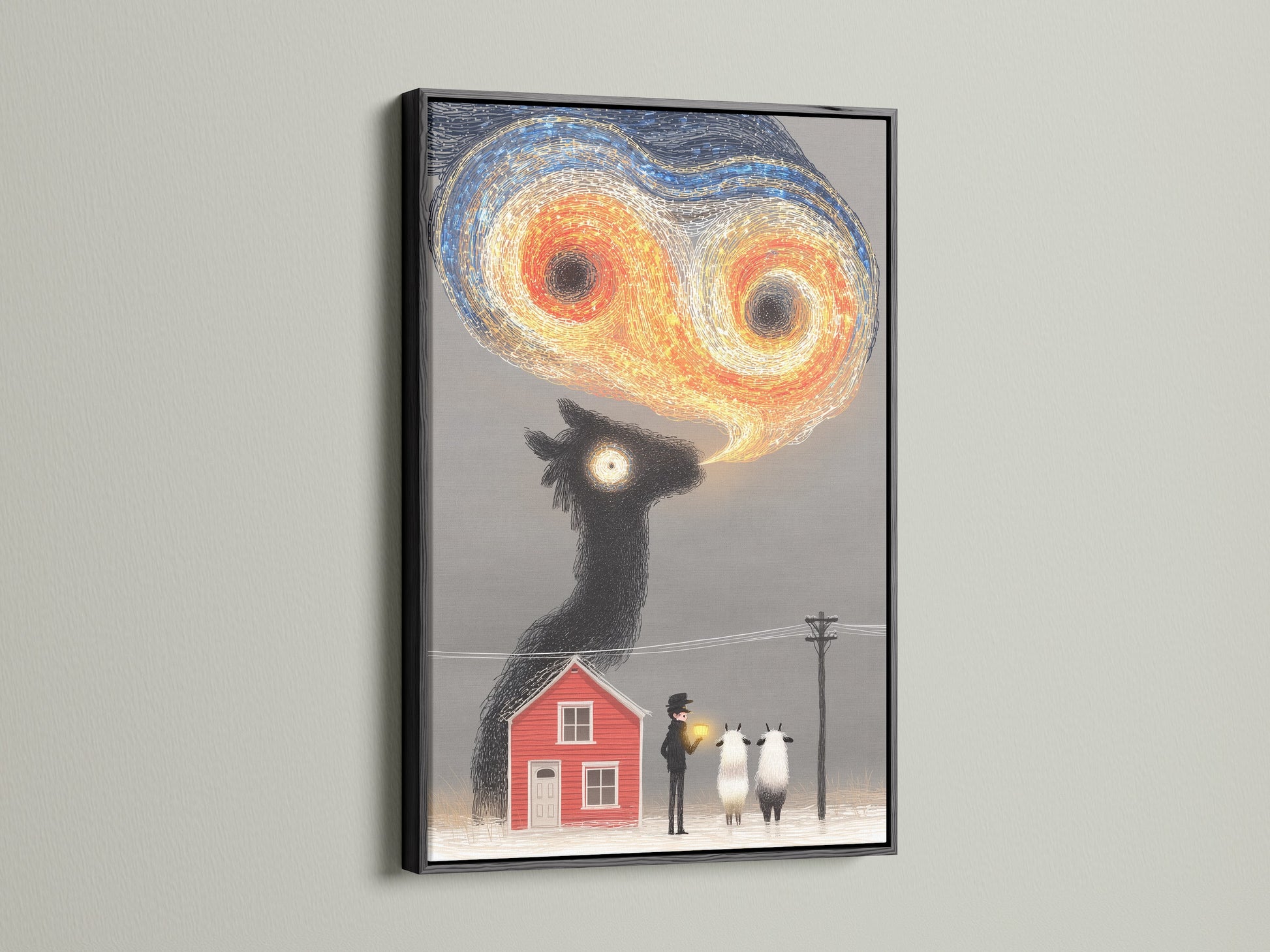 The surreal sheep artwork is showcased in a black frame. This contrast enhances the animal canvas. The farmhouse decor style makes it a great fit. The red house art draws the eye. This strange art creates a whimsical atmosphere. Ideal for those seeking unique wall art.