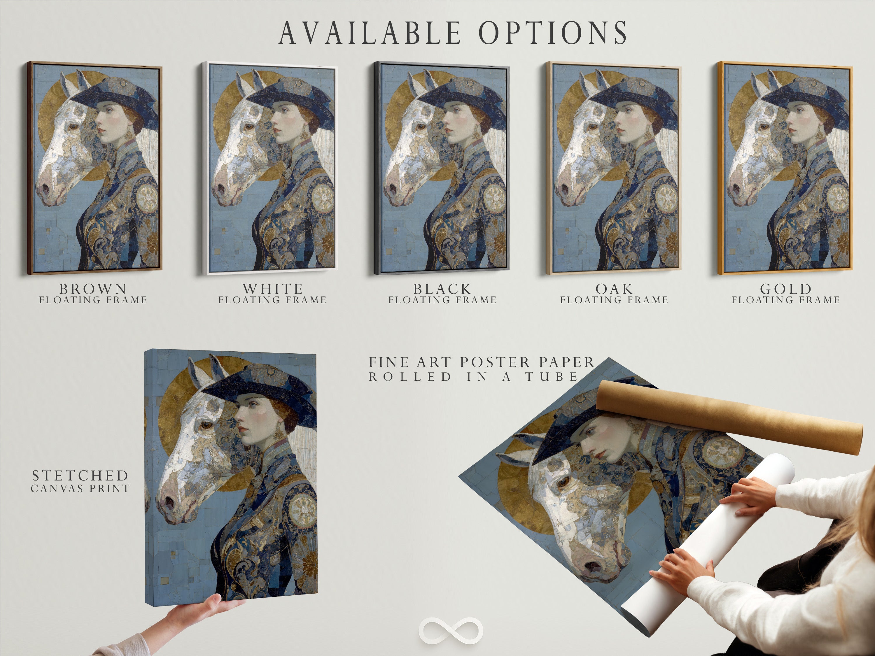 Available options include a stretched canvas print a fine art poster paper and a floating frame for the Art Nouveau Woman artwork. The artwork features a vintage portrait of a woman and horse in blue and gold. Select the perfect format to suit your style and space. Shop now to enhance your decor.