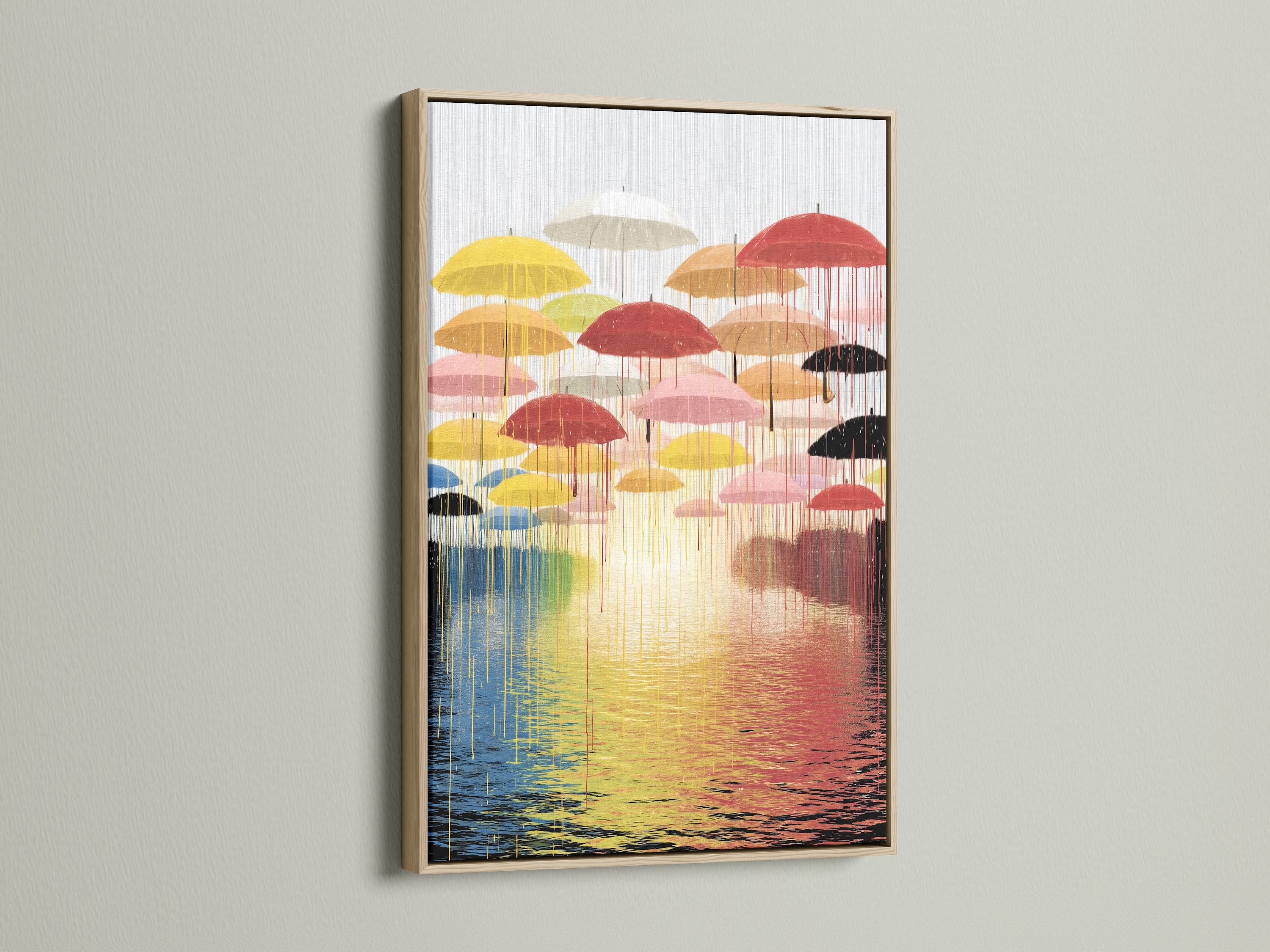 The 'Umbrella' art print is showcased in an oak frame. This modern abstract artwork brings a colorful and reflective ambiance. It is ideal for living rooms bedrooms and offices. The oak frame enhances the art's contemporary style. It makes it a seamless addition to minimalist or Scandinavian interiors.