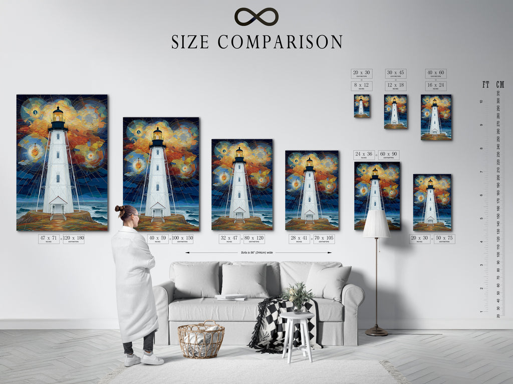 Size comparison chart in an interior setting. The chart shows various sizes of the lighthouse geometric sky artwork. This helps you visualize the art in your space. The coastal wall art is perfect for nautical home decor. It is ideal for homeowners renters and interior designers.
