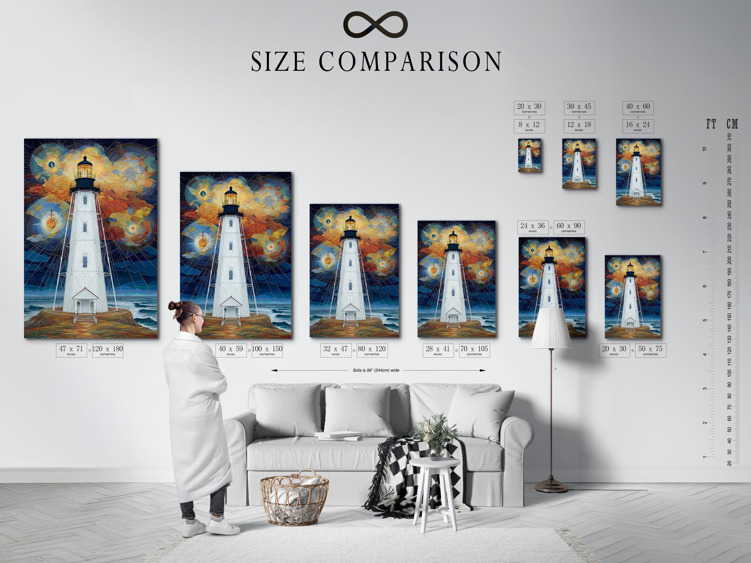Size comparison chart in an interior setting. The chart shows various sizes of the lighthouse geometric sky artwork. This helps you visualize the art in your space. The coastal wall art is perfect for nautical home decor. It is ideal for homeowners renters and interior designers.