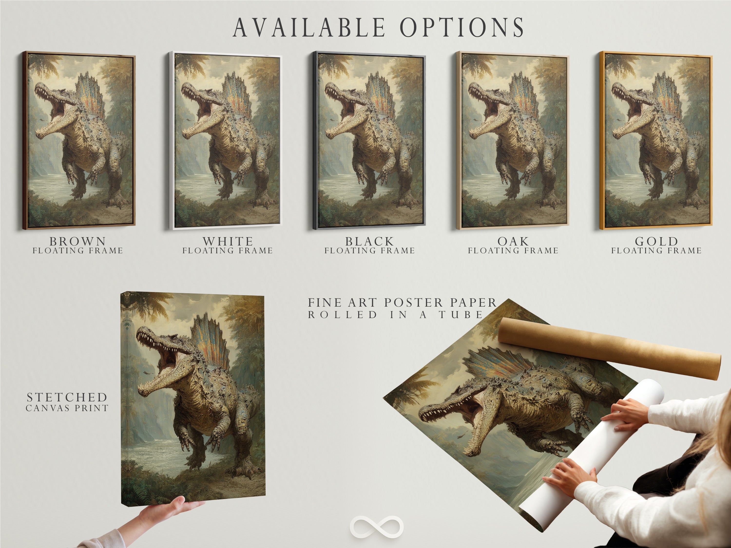 Available artwork options: stretched canvas print fine art poster paper and floating frame. The artwork features a large dinosaur roaring in a prehistoric landscape. Explore the various formats to suit your taste. Find the perfect piece to complement your style.