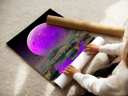 A woman rolls fine art poster paper. Preparing a celestial moon art print. This purple lunar artwork is perfect for modern decor. Ideal for fantasy landscape enthusiasts. Get your vivid art print today.