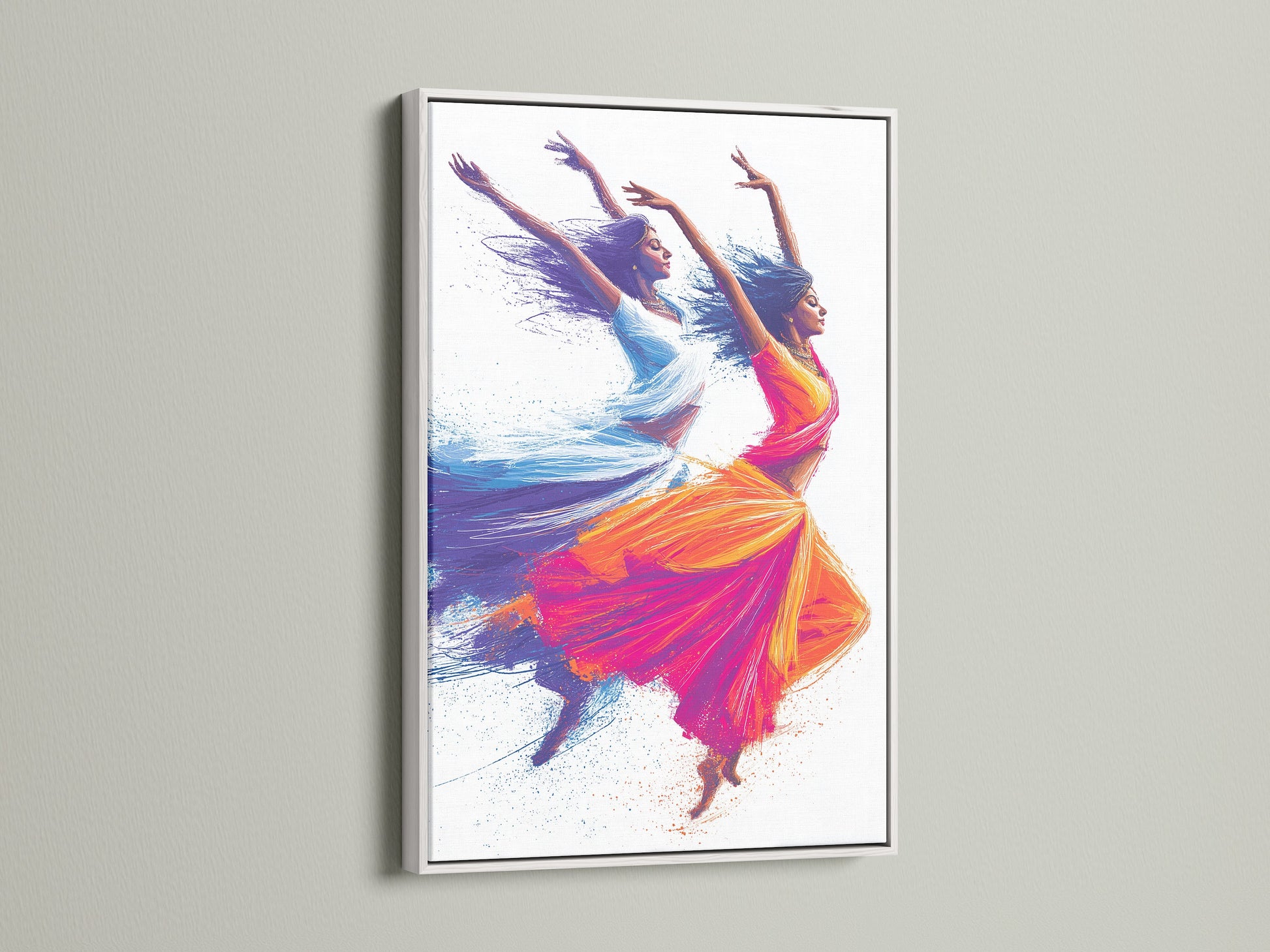 Indian Dancers artwork in a clean white frame. The artwork features dancers in motion. Teal and orange hues create a vibrant display. This piece enhances boho eclectic and modern decor.