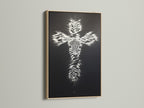This religious wall art features a zebra pattern cross in an oak frame. The black and white cross artwork is a faith wall art piece. It is a spiritual art piece. The art is a perfect christian gift. Enhance your space with this cross print.