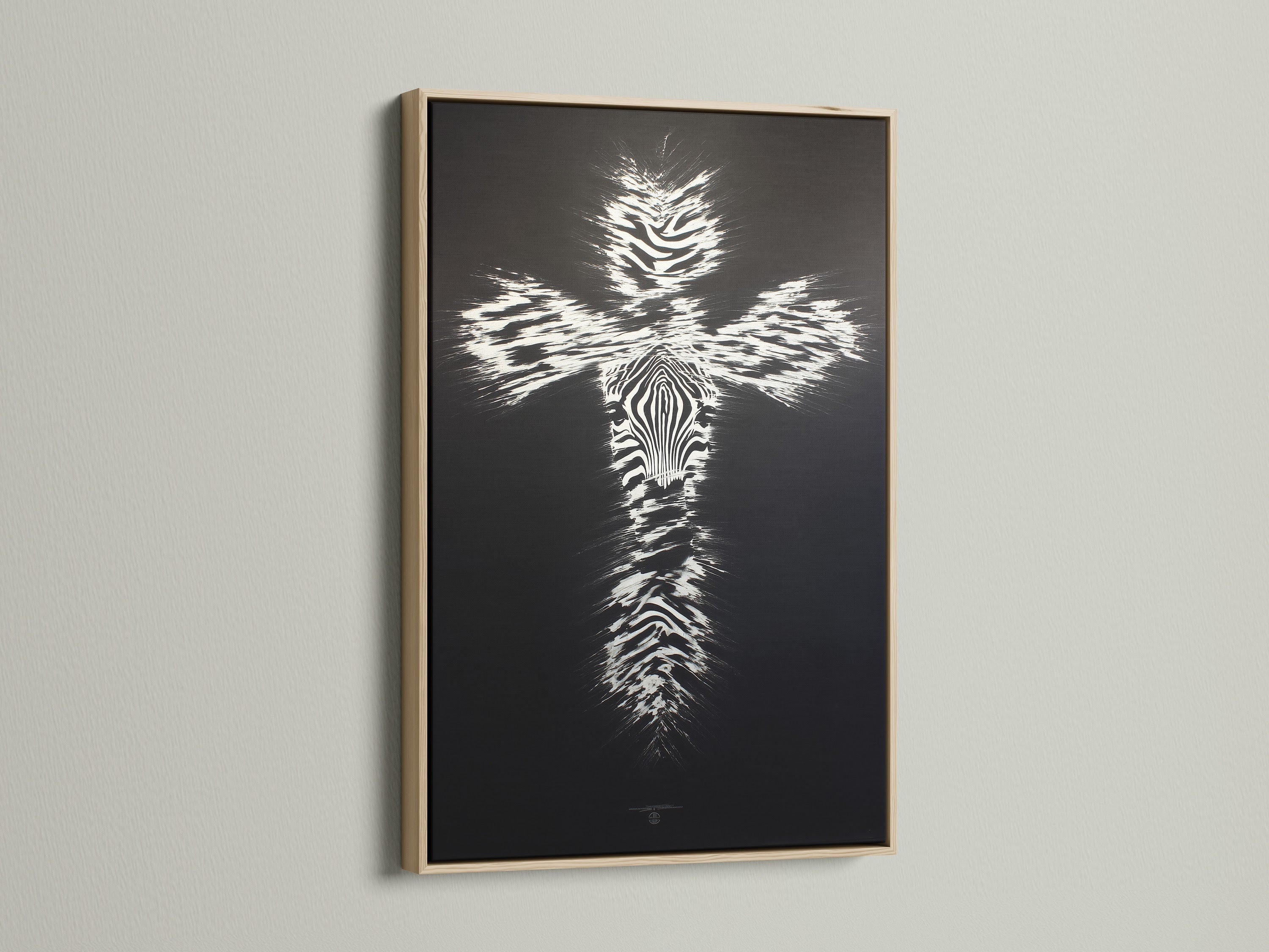 This religious wall art features a zebra pattern cross in an oak frame. The black and white cross artwork is a faith wall art piece. It is a spiritual art piece. The art is a perfect christian gift. Enhance your space with this cross print.