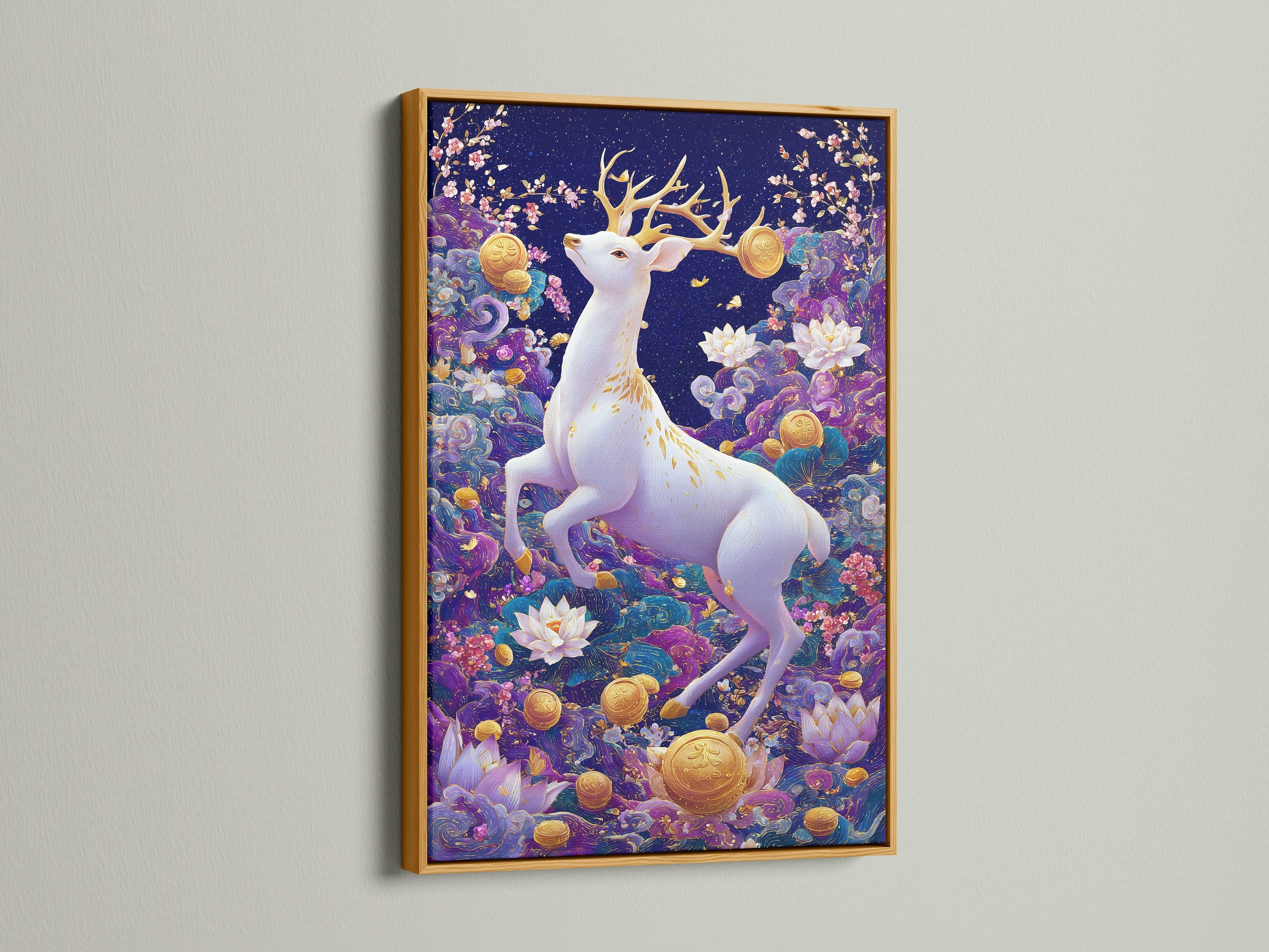 A luxurious gold frame accentuates a white deer art piece. The mystical forest artwork is adorned with a purple lotus print. Elevate your space with this enchanted forest-inspired nature canvas art