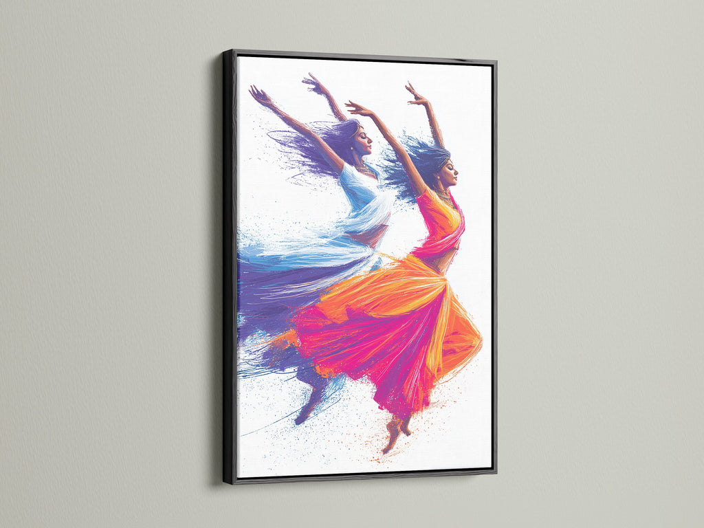 Indian Dancers artwork set in a sleek black frame. This artwork captures the essence of Bollywood art. The teal and orange artwork adds a pop of color. A stunning addition to any space.