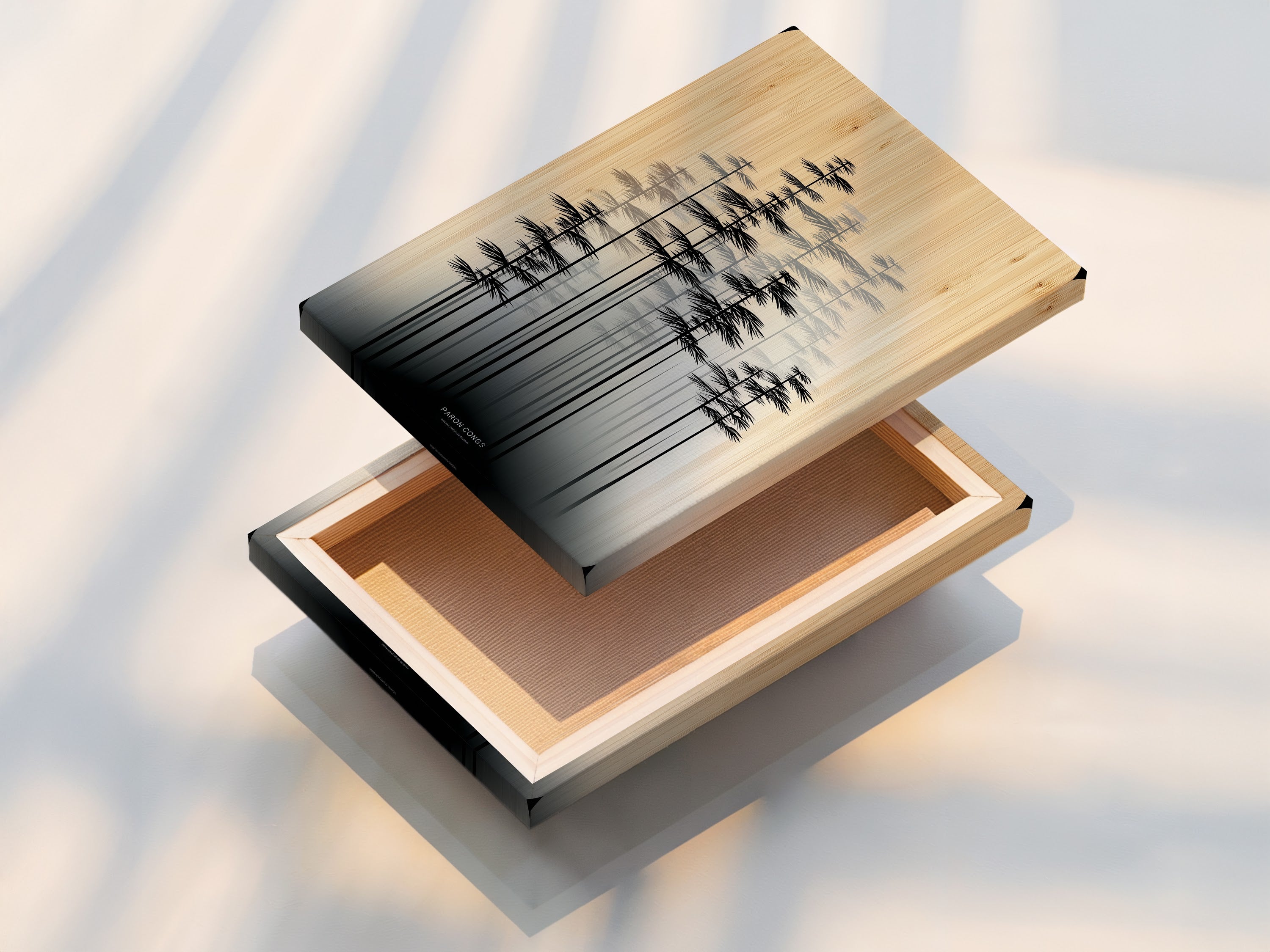 A stretched canvas print of forest artwork. The minimalist forest art is ready to hang. The Scandinavian wall decor is modern and stylish. This neutral tone canvas is durable and beautiful. The tree artwork transforms any room.