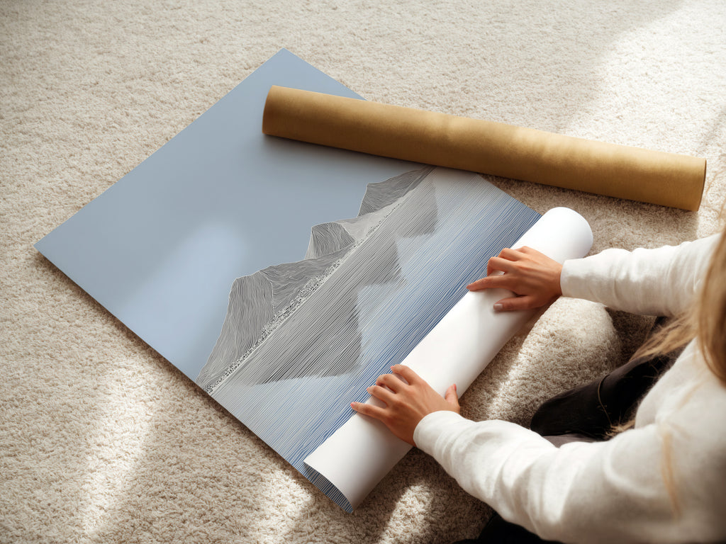 A woman rolls a fine art poster paper. The fine art paper ensures high-quality prints. This process preserves the artwork's integrity. Experience the beauty of fine art prints. The poster paper enhances colors and details. Discover our selection of premium papers today.