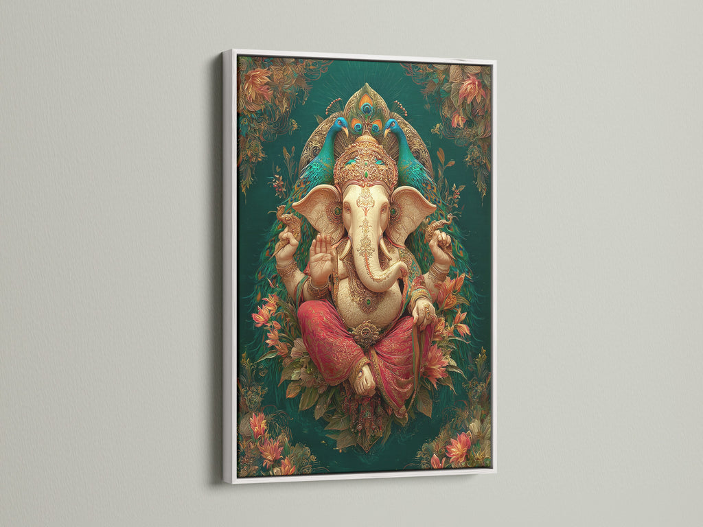 Ganesha Wall Art showcased in a white frame. This Hindu canvas print features an elephant god artwork. The spiritual wall decor complements any space. The teal and gold art is great for yoga room decor. This ganesh artwork enhances any room.