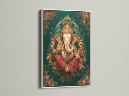 Ganesha Wall Art showcased in a white frame. This Hindu canvas print features an elephant god artwork. The spiritual wall decor complements any space. The teal and gold art is great for yoga room decor. This ganesh artwork enhances any room.