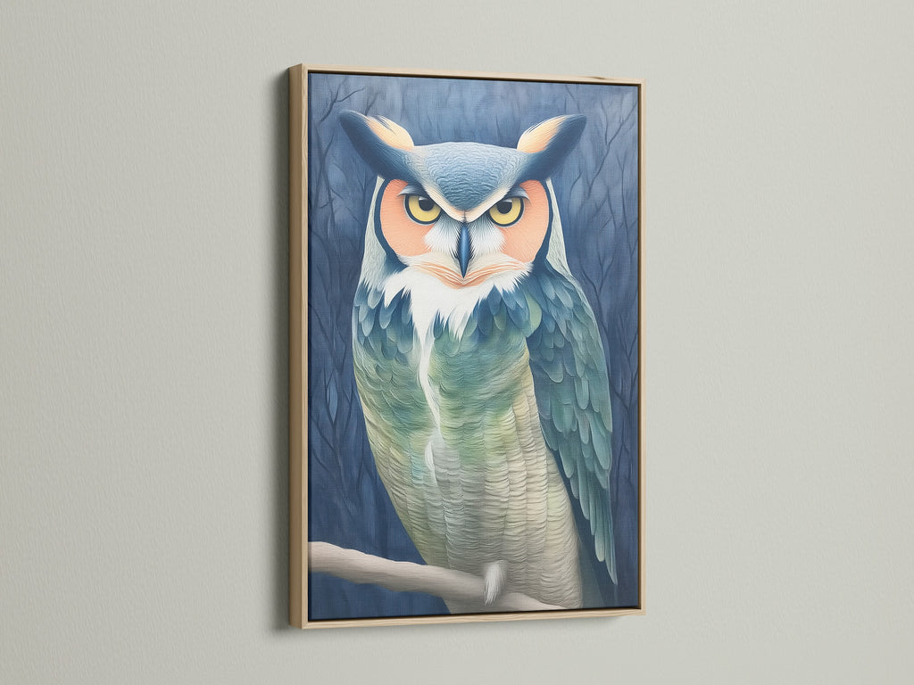 This owl portrait canvas print features a beautiful oak frame. The moody bird wall art complements rustic or eclectic decor. Teal and beige animal artwork is ideal for a study room. Enhance your space with this nature-inspired print.