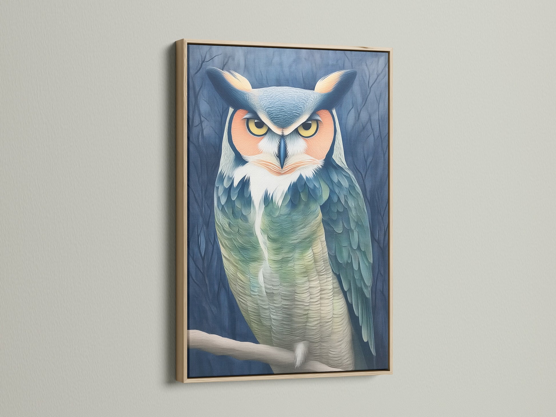 This owl portrait canvas print features a beautiful oak frame. The moody bird wall art complements rustic or eclectic decor. Teal and beige animal artwork is ideal for a study room. Enhance your space with this nature-inspired print.