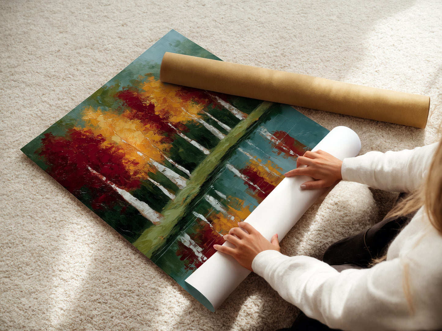 A woman is carefully rolling a fine art poster paper print of autumn trees artwork. This reflected landscape wall art features a teal blue lake painting. Perfect for those who appreciate high-quality art prints for their home decor.