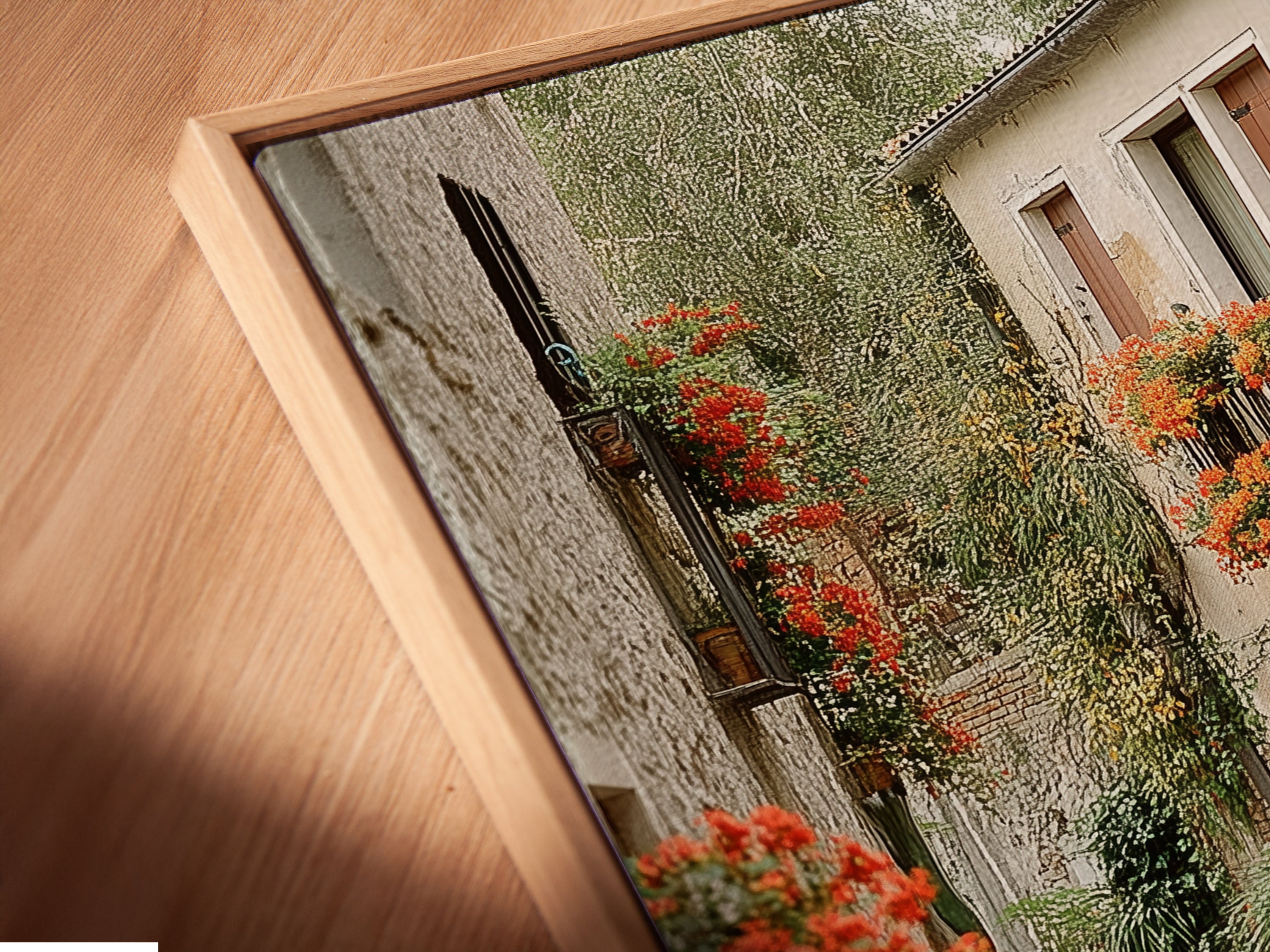 A close-up of a Venice Canal canvas print in a floating frame. The Italian cityscape wall art enhances any room. The floating frame adds a modern touch. Perfect for living rooms and office spaces.