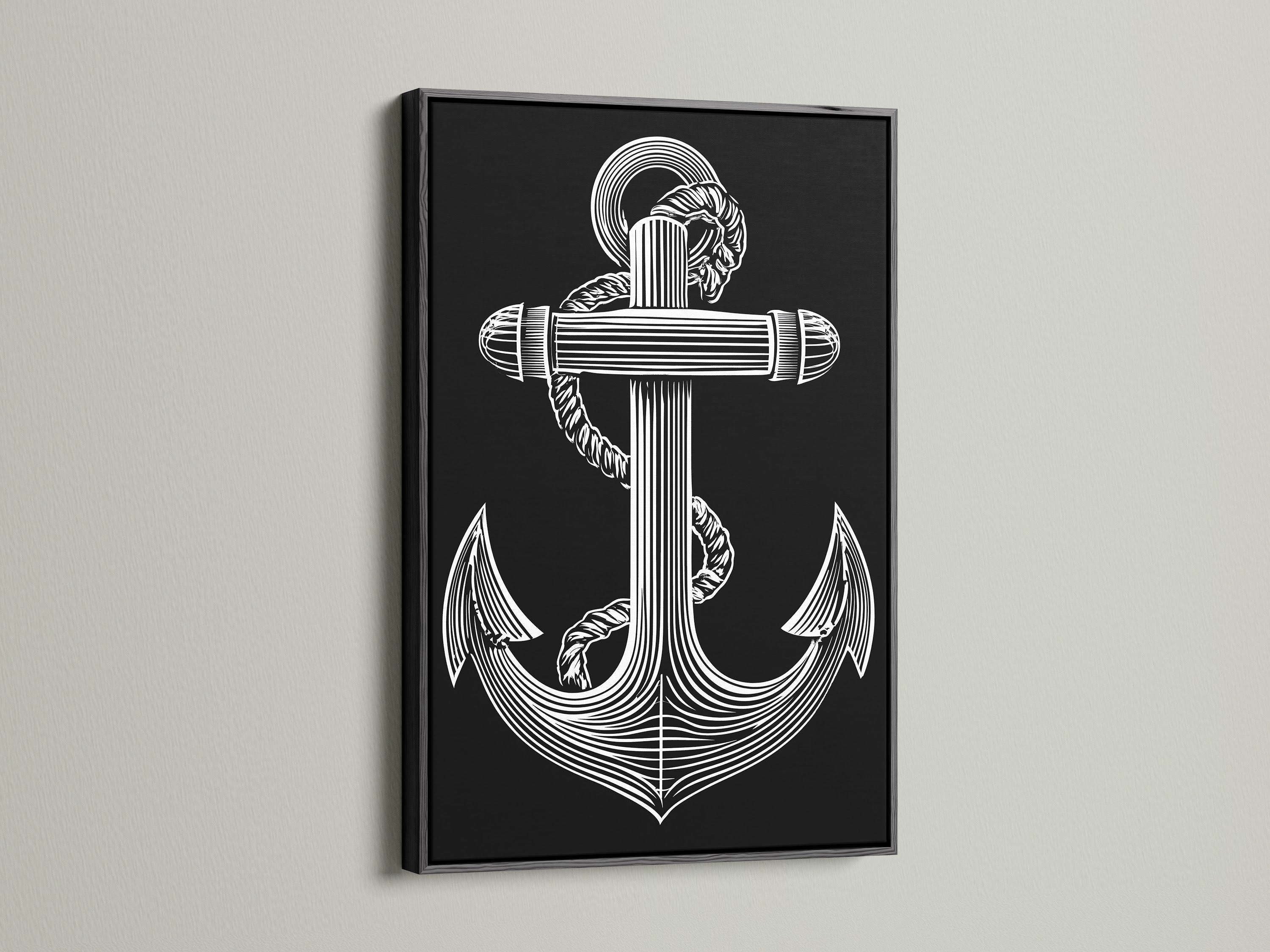 An art print showcasing an anchor in a sleek black frame. The black frame provides a classic and timeless appeal. Ideal for creating a focal point in any room. This artwork adds depth and sophistication. Enhance your art collection with our framed art pieces. Browse our selection of black framed prints