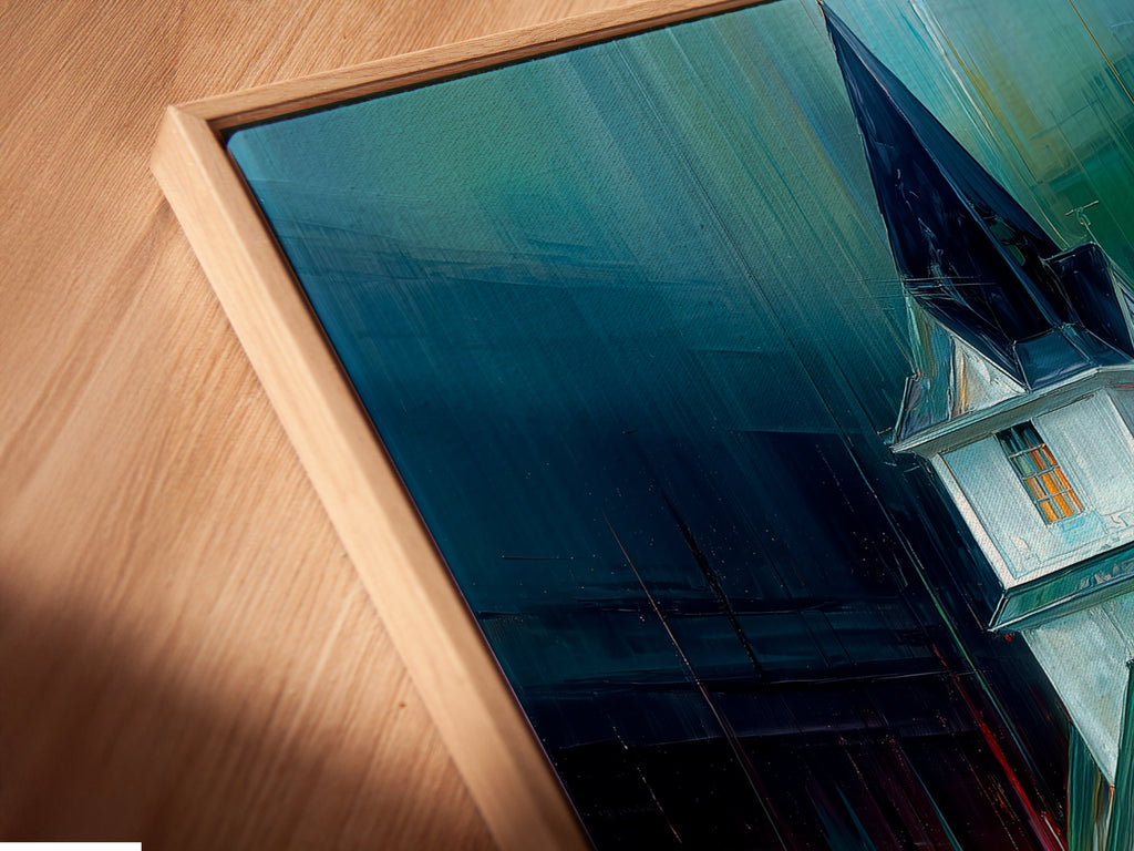 A close-up of the Church at Night Canvas Print in a floating frame. The floating frame adds depth and dimension to the religious artwork. The teal and orange colors create a calming night scene print. This modern art piece is perfect for office wall decor. Enhance your space with this architectural art.