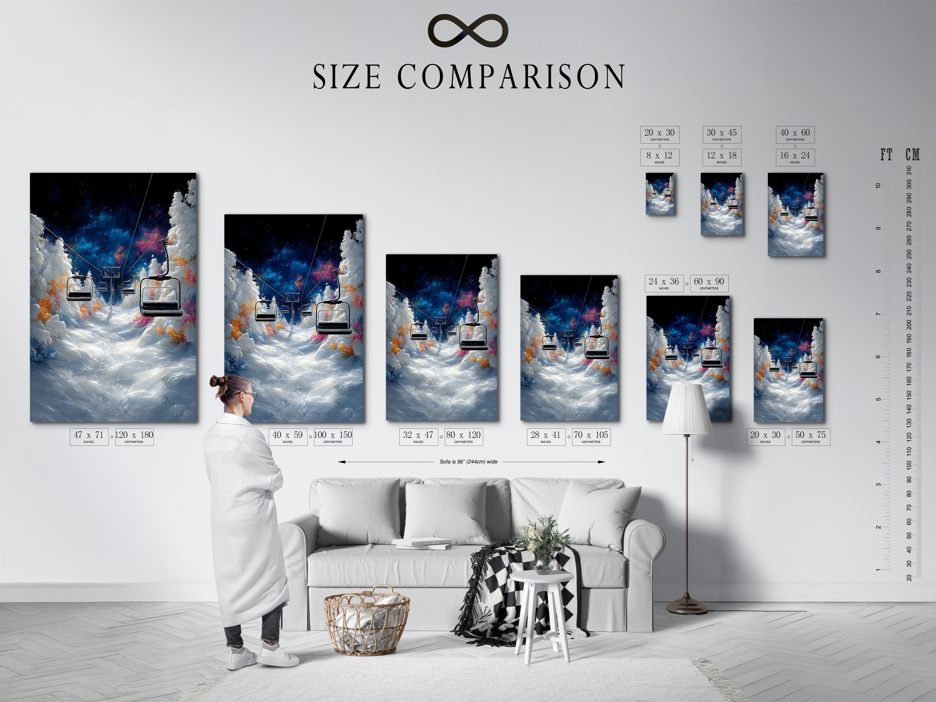 Visualize the perfect fit with this size comparison chart. The chart helps you choose the ideal dimensions for your space. See how the ski lift art looks in different sizes. This ensures a perfect match for your decor.