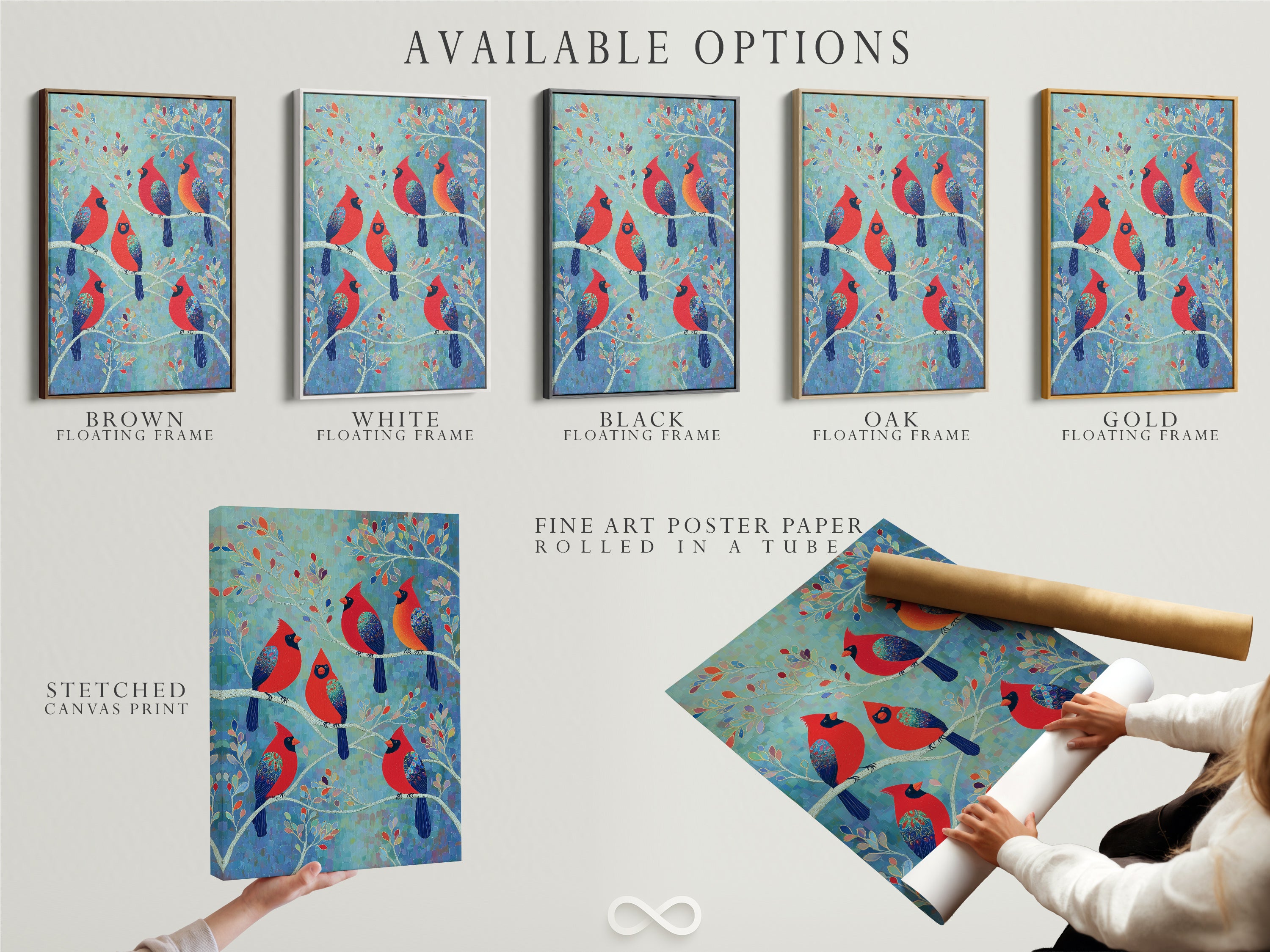 Explore available options for the Cardinal Birds artwork. Choose from a stretched canvas print fine art poster paper or a floating frame. Find the perfect style to match your home decor. Enhance your space with nature wall art.